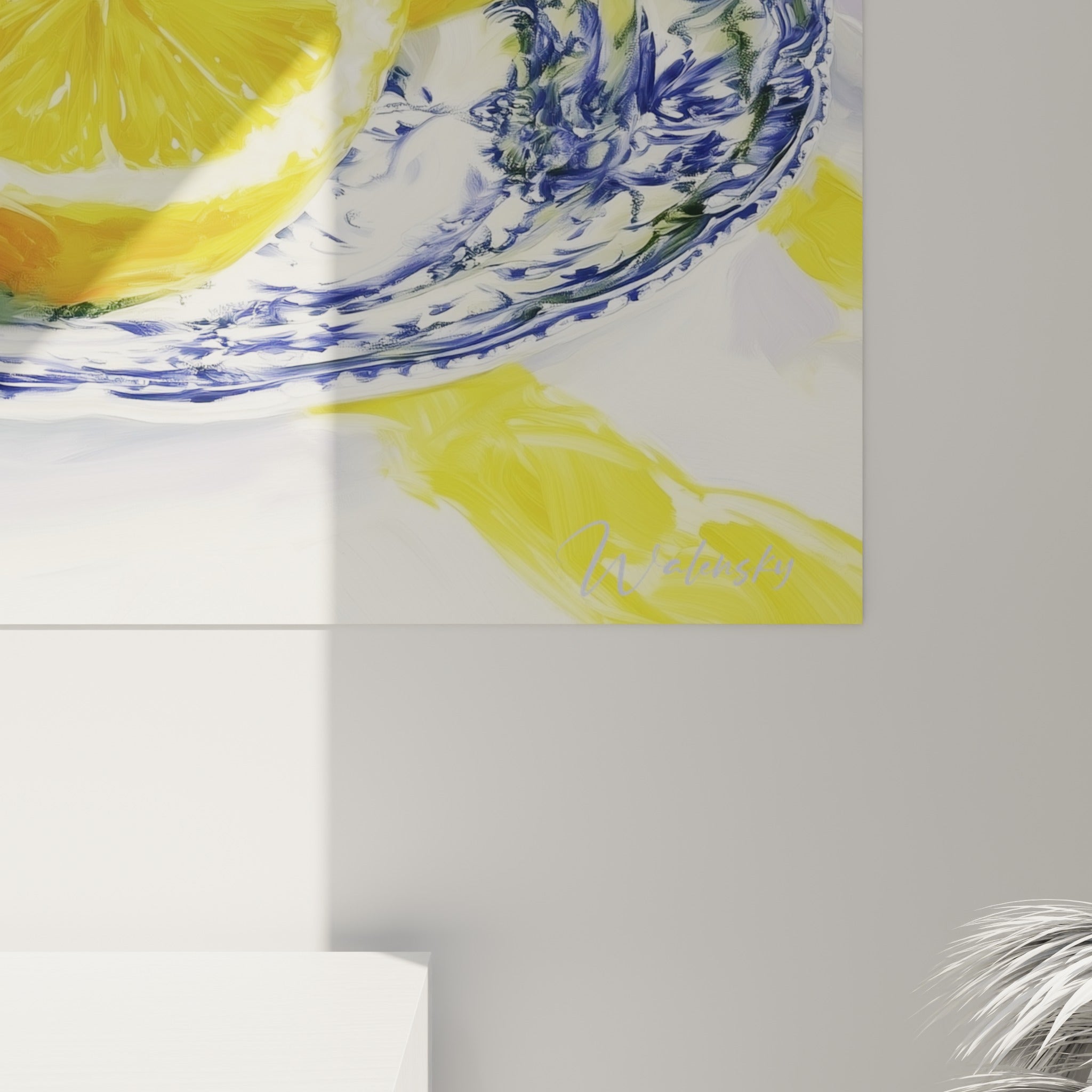 Empâtements jaunes et reflets orangés sur la chair juteuse d'un citron peint à l'huile en gros plan