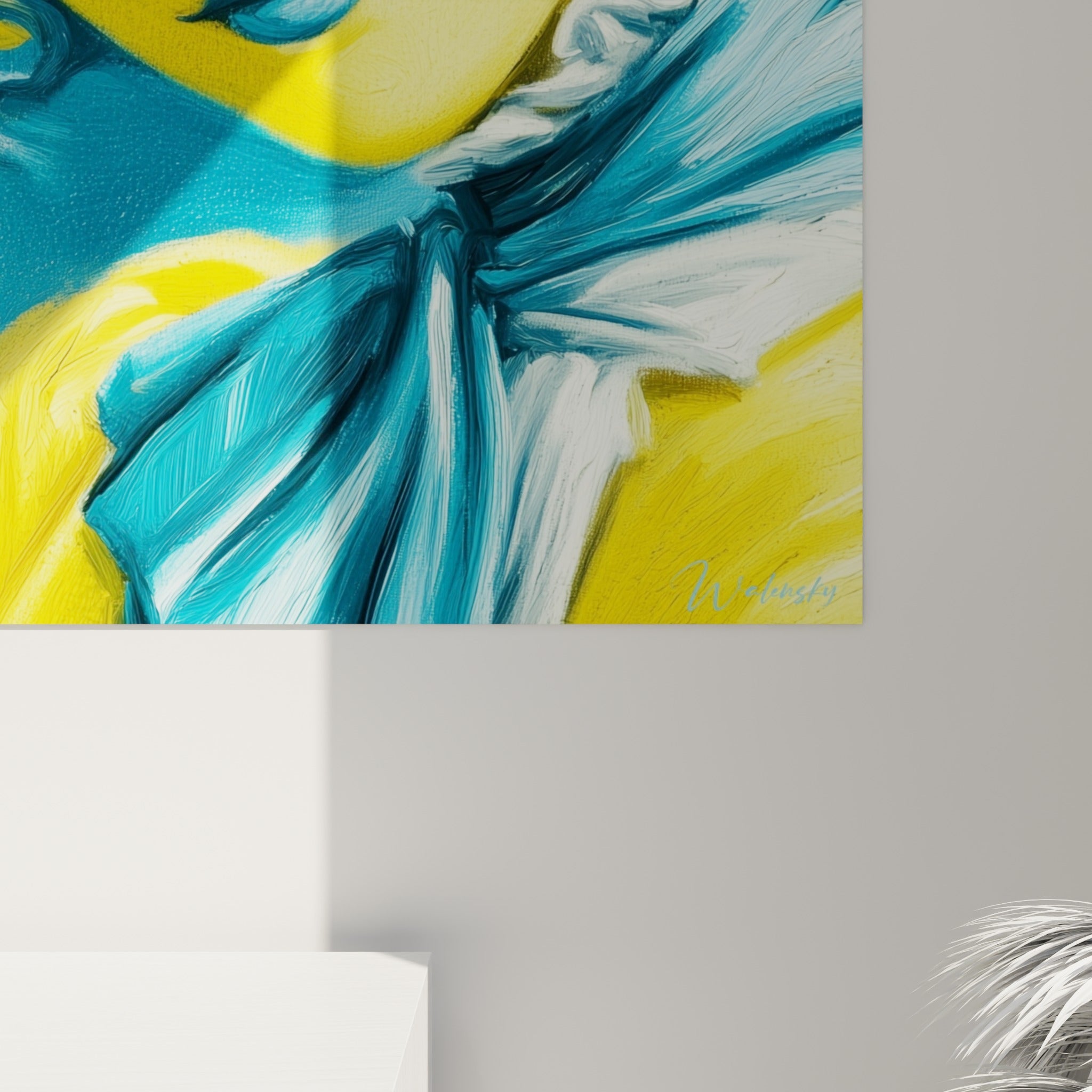 Empâtements bleu turquoise et jaune citron visibles en relief sur la toile peinte au couteau