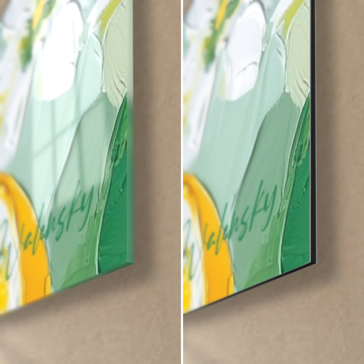 Tableau jeune femme à la couronne fleurie, coin bas droit : verre brillant à gauche, alu Dibond mat à droite, tranche de 3 mm, vert et jaune