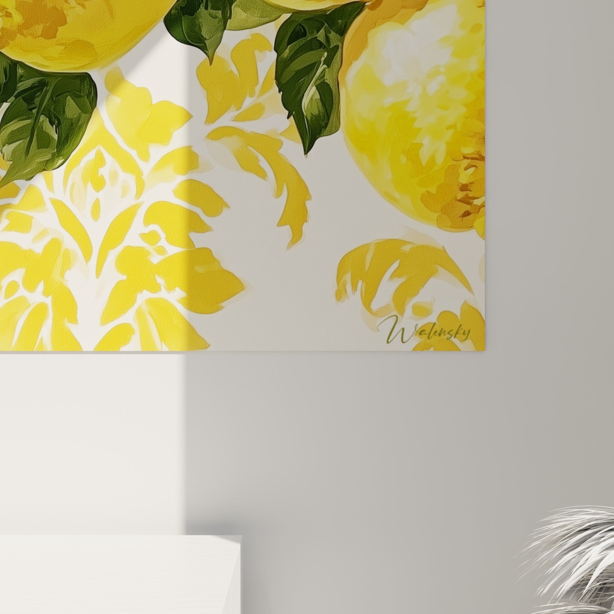 Empâtements jaune et orangé, reflets blancs et touches vert olive visibles sur la toile du citron