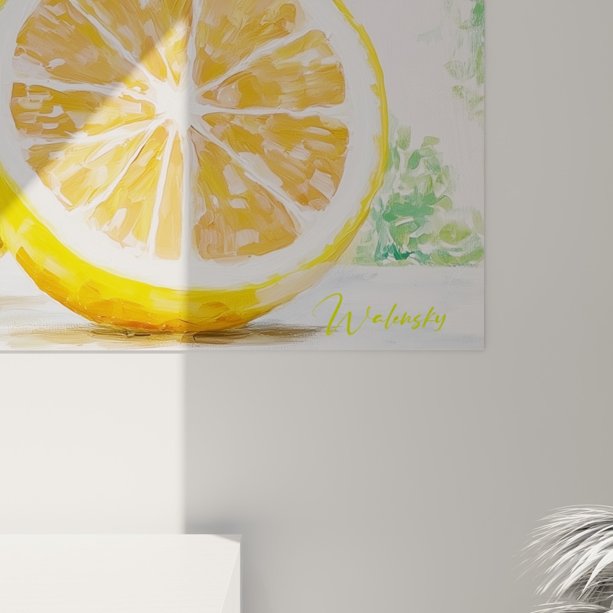 Empâtements épais de peinture jaune et vert sombre visibles sur la surface texturée des citrons