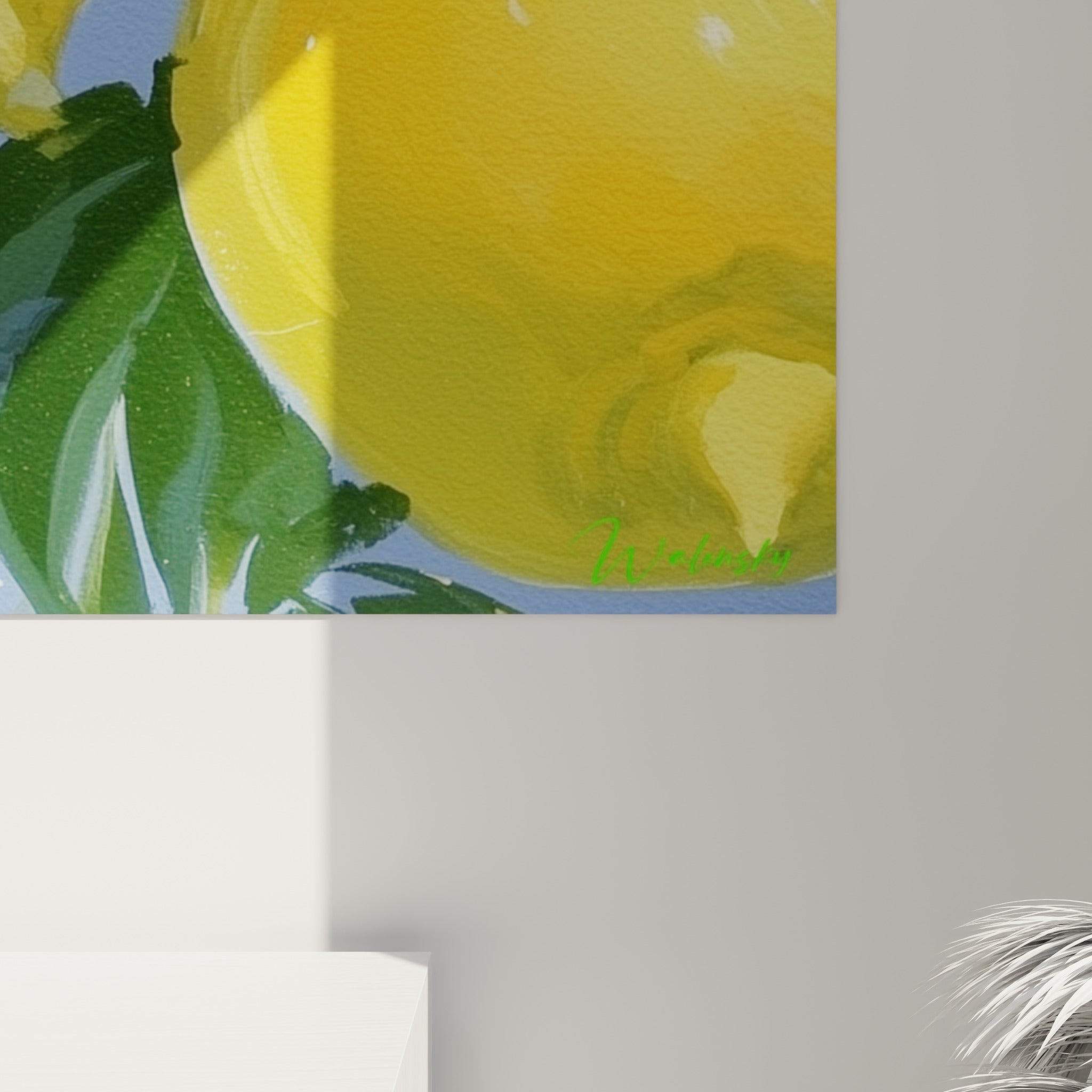 Empâtements jaunes et verts visibles sur la peau des citrons peints en gros plan