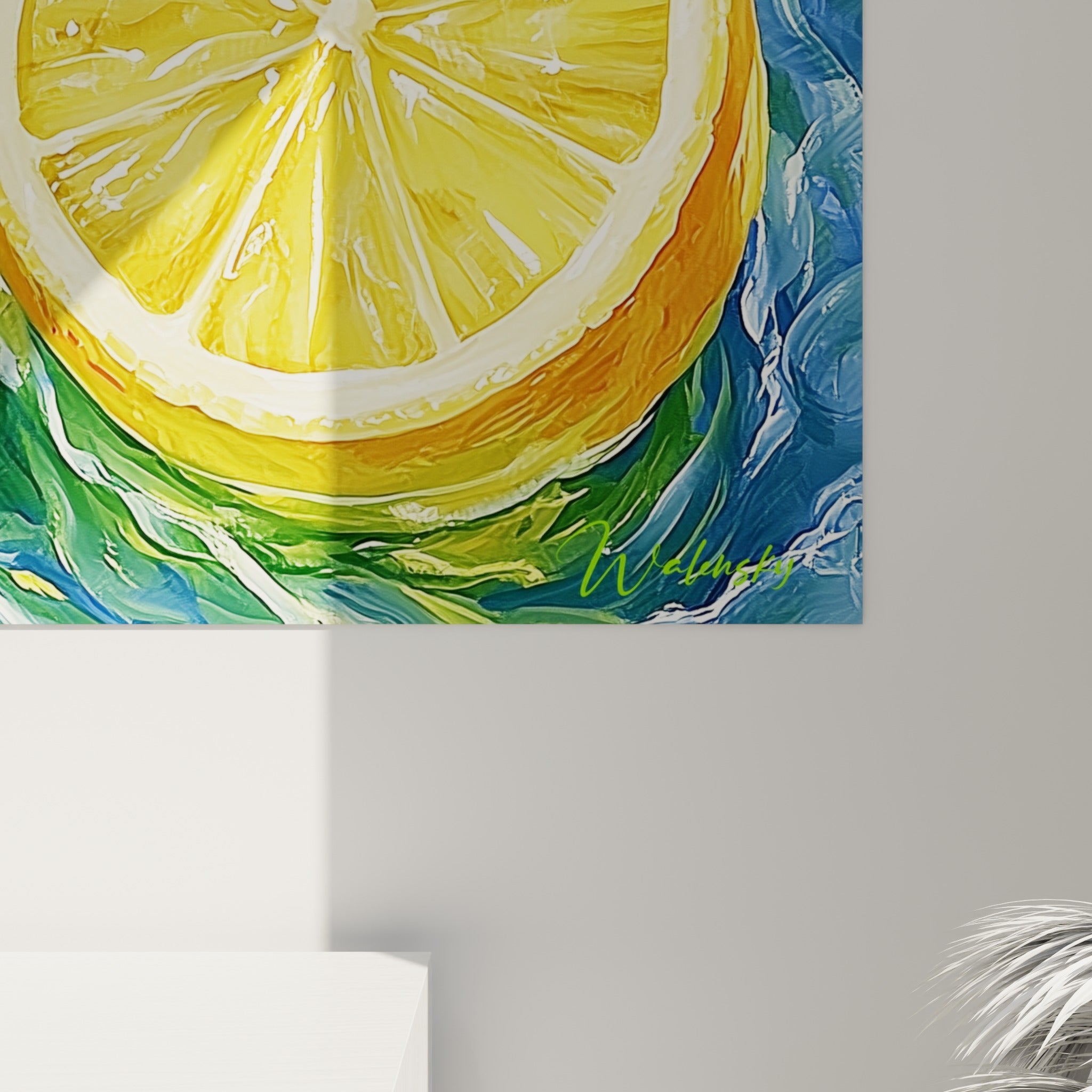 Empâtements épais révélant le grain jaune vif et les coulures bleu aquatique sur la toile