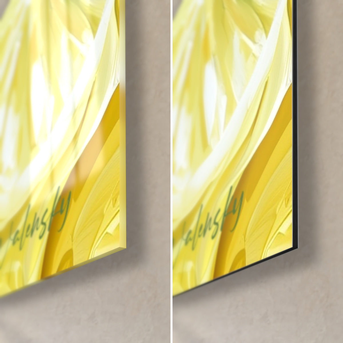 Quadro giovane donna dai riccioli di limone, angolo in basso a destra in vetro acrilico lucido a sinistra, alluminio Dibond opaco a destra, firma verde