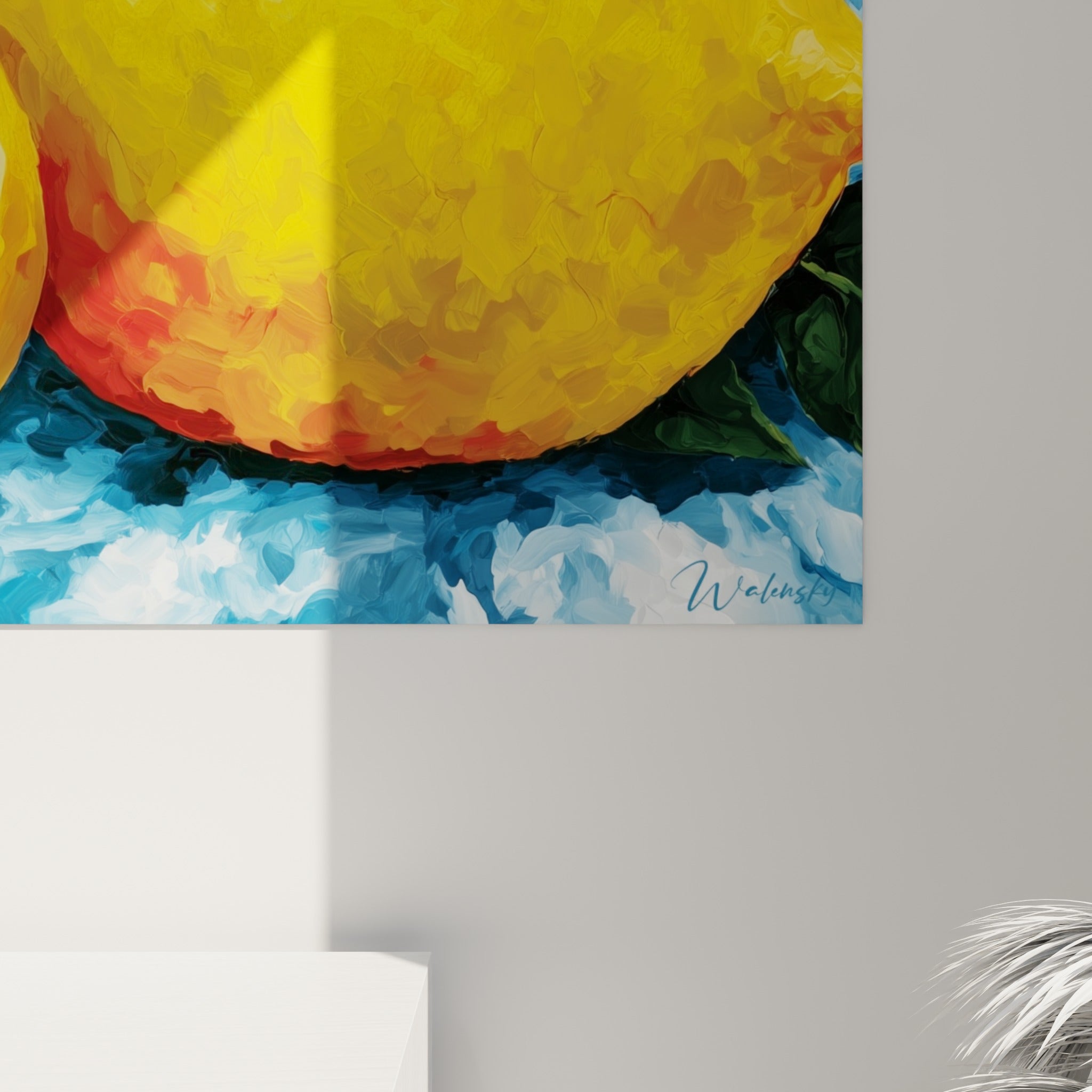 Empâtements jaunes et bleu marine visibles de près sur ce tableau citron à la matière épaisse