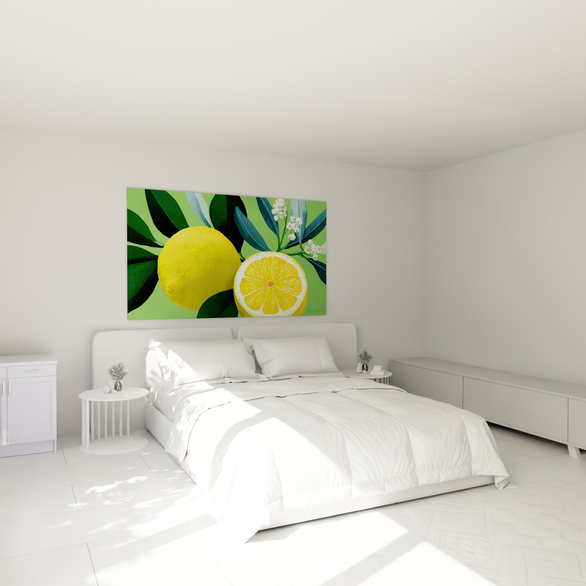 Fruit citron jaune vif et feuillage vert peint au-dessus d'un lit dans une chambre claire