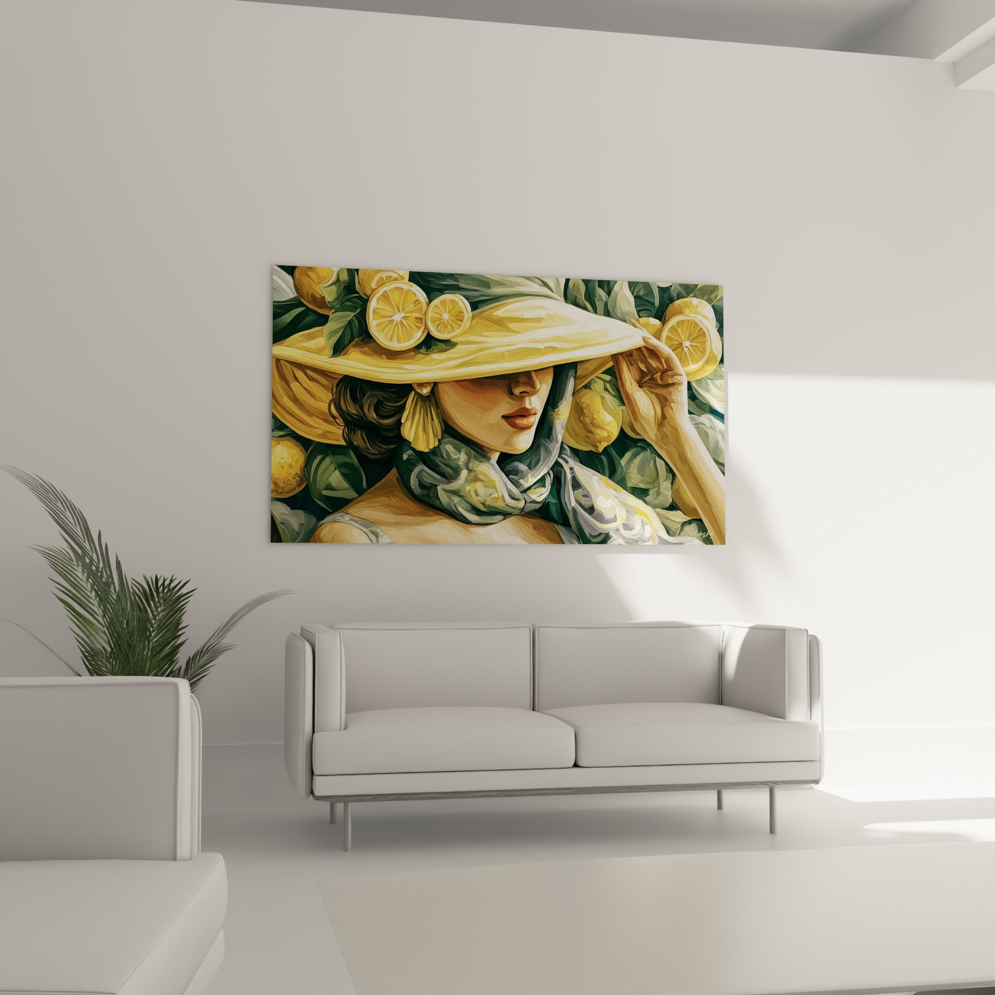 Silhouette au foulard gris et chapeau doré parmi les citrons, au-dessus d'un canapé dans un salon lumineux