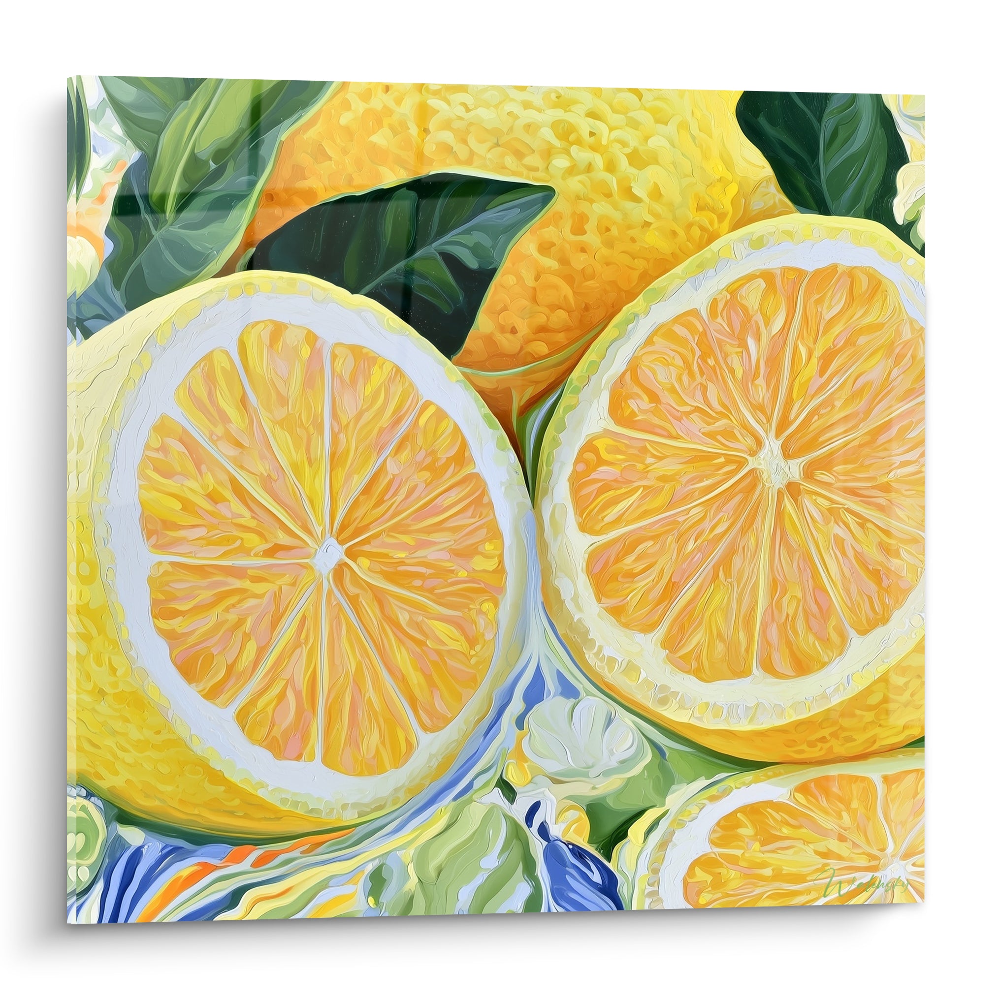 Citrons tranchés jaune vif et orangé, feuilles vert profond, peinture texturée gros grain