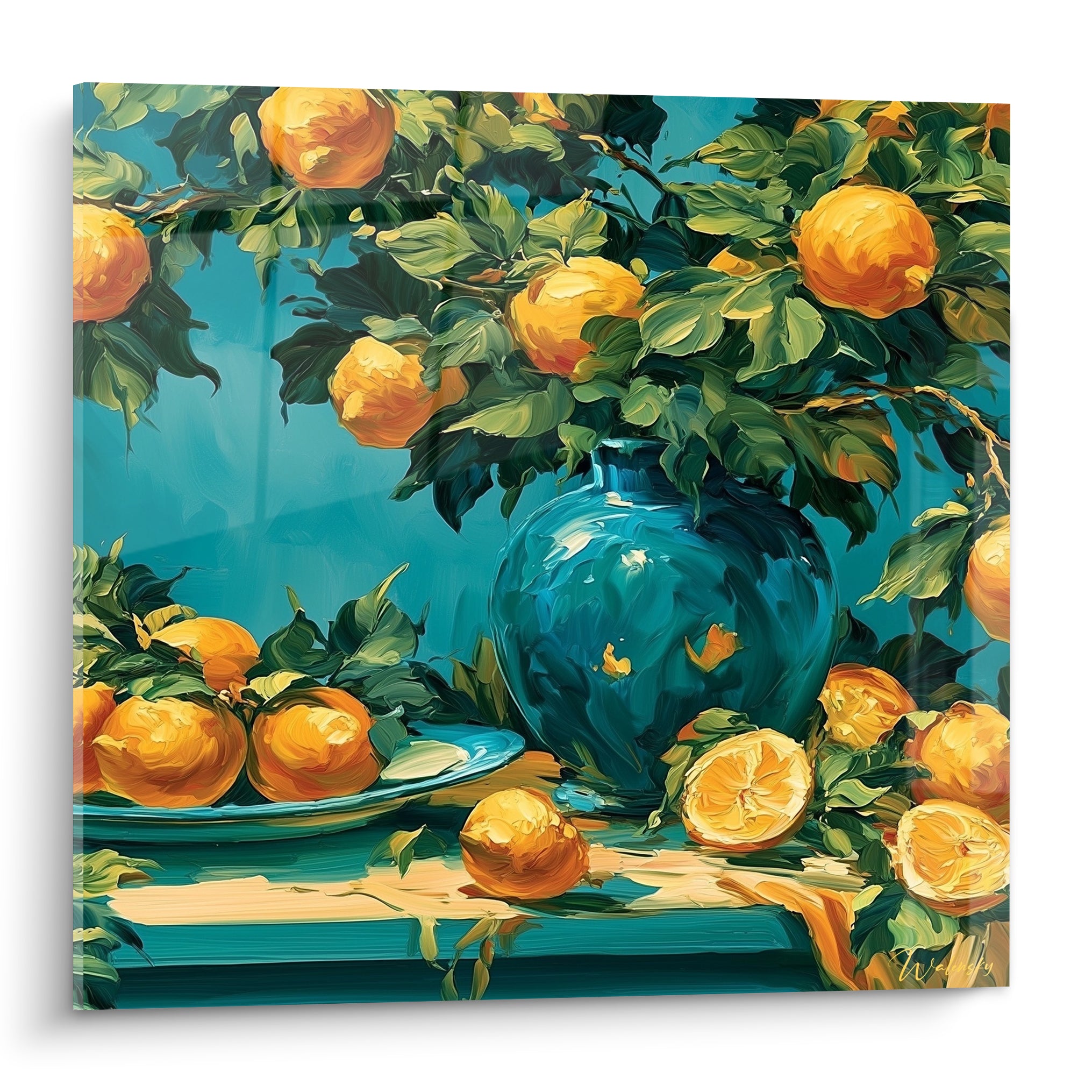 Branche de citronnier aux fruits dorés retombant sur un vase turquoise peint à l'huile