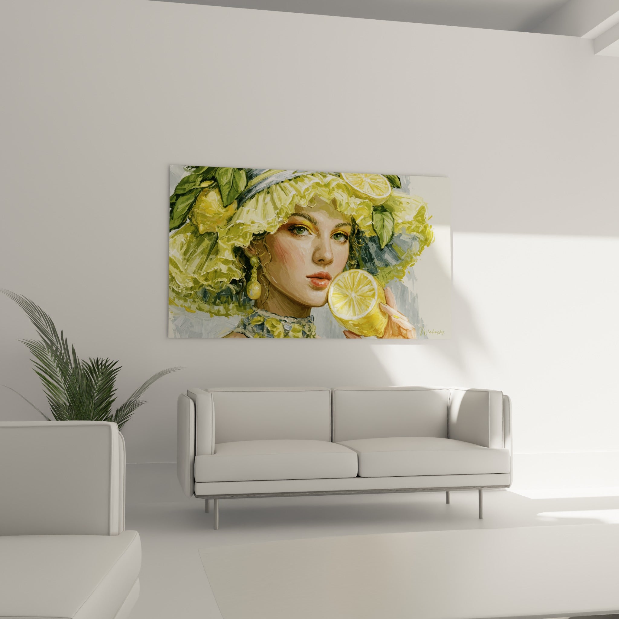 Visage peint aux tons ocre et vert olive tenant un citron, au-dessus d'un canapé dans un salon lumineux