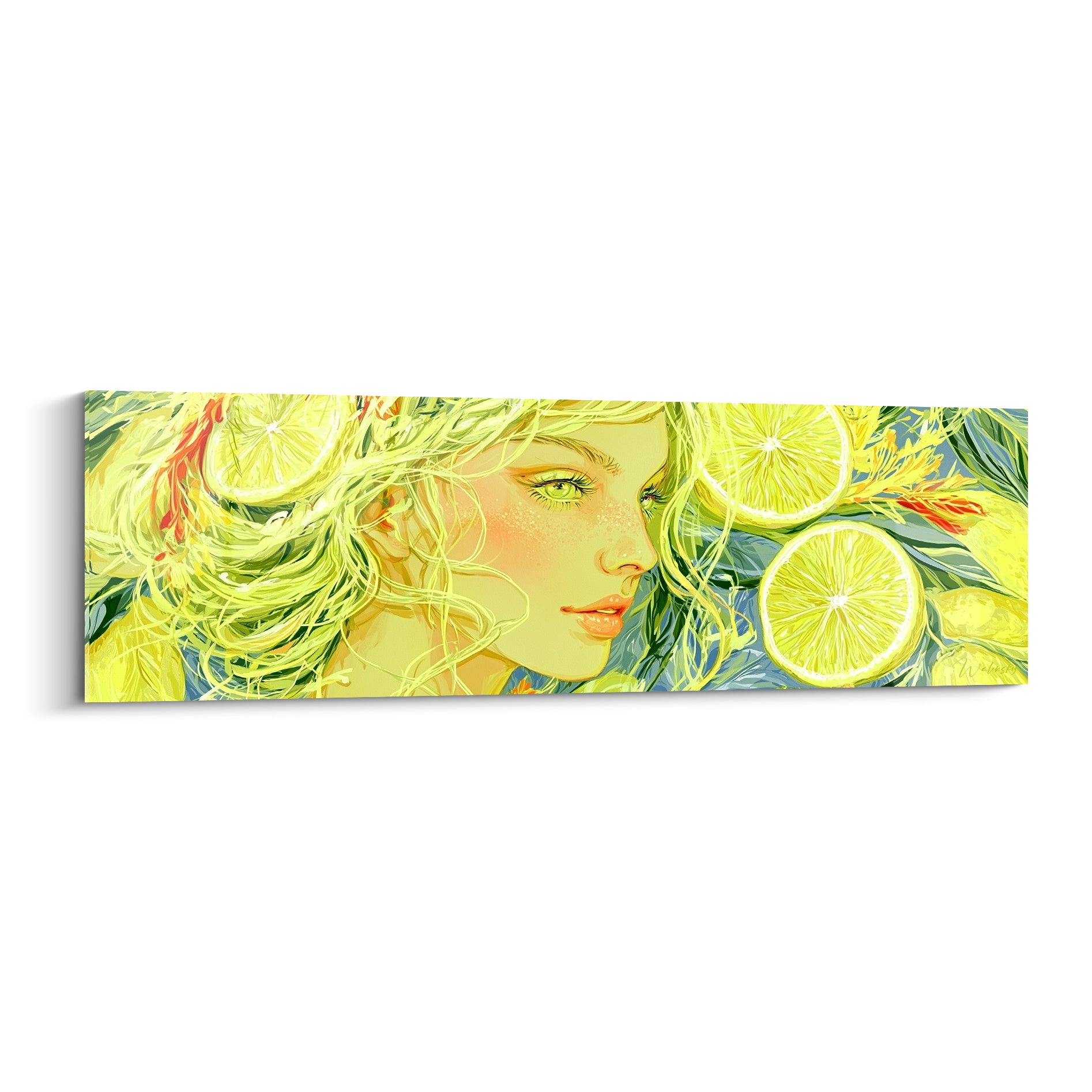 Visage féminin aux mèches jaune citron et vert sauge, entouré de tranches d'agrumes translucides