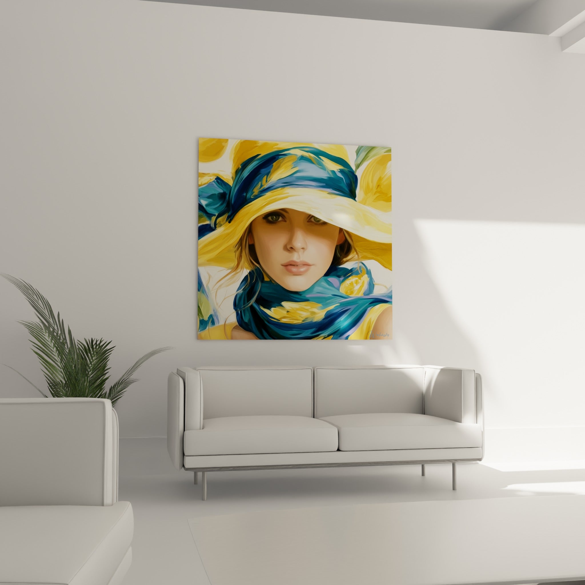 Visage délicat sous un chapeau jaune et foulard bleu marine au-dessus d'un canapé dans un salon lumineux
