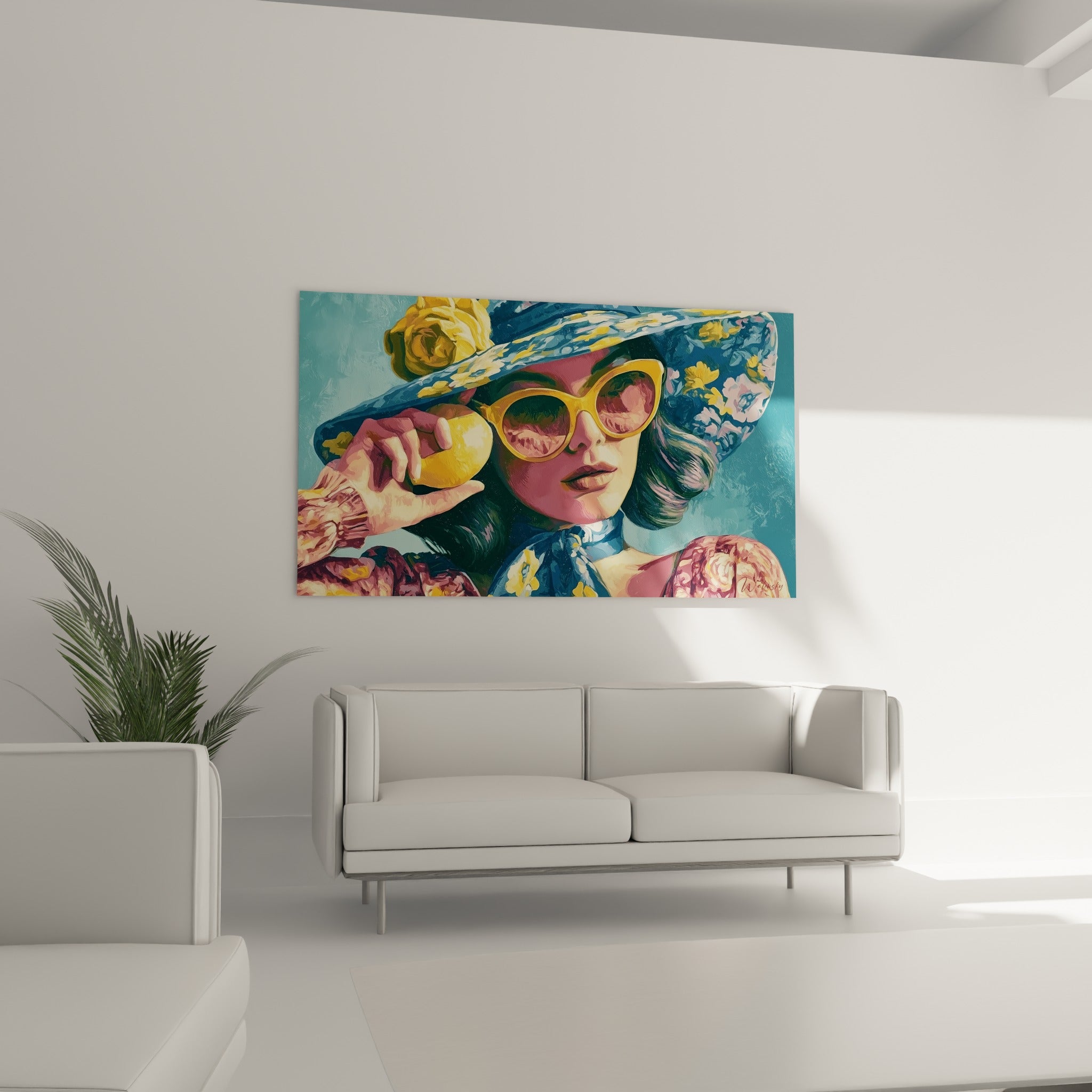 Visage sous chapeau fleuri ocre et bleu marine avec citron jaune, au-dessus d'un canapé dans un salon lumineux