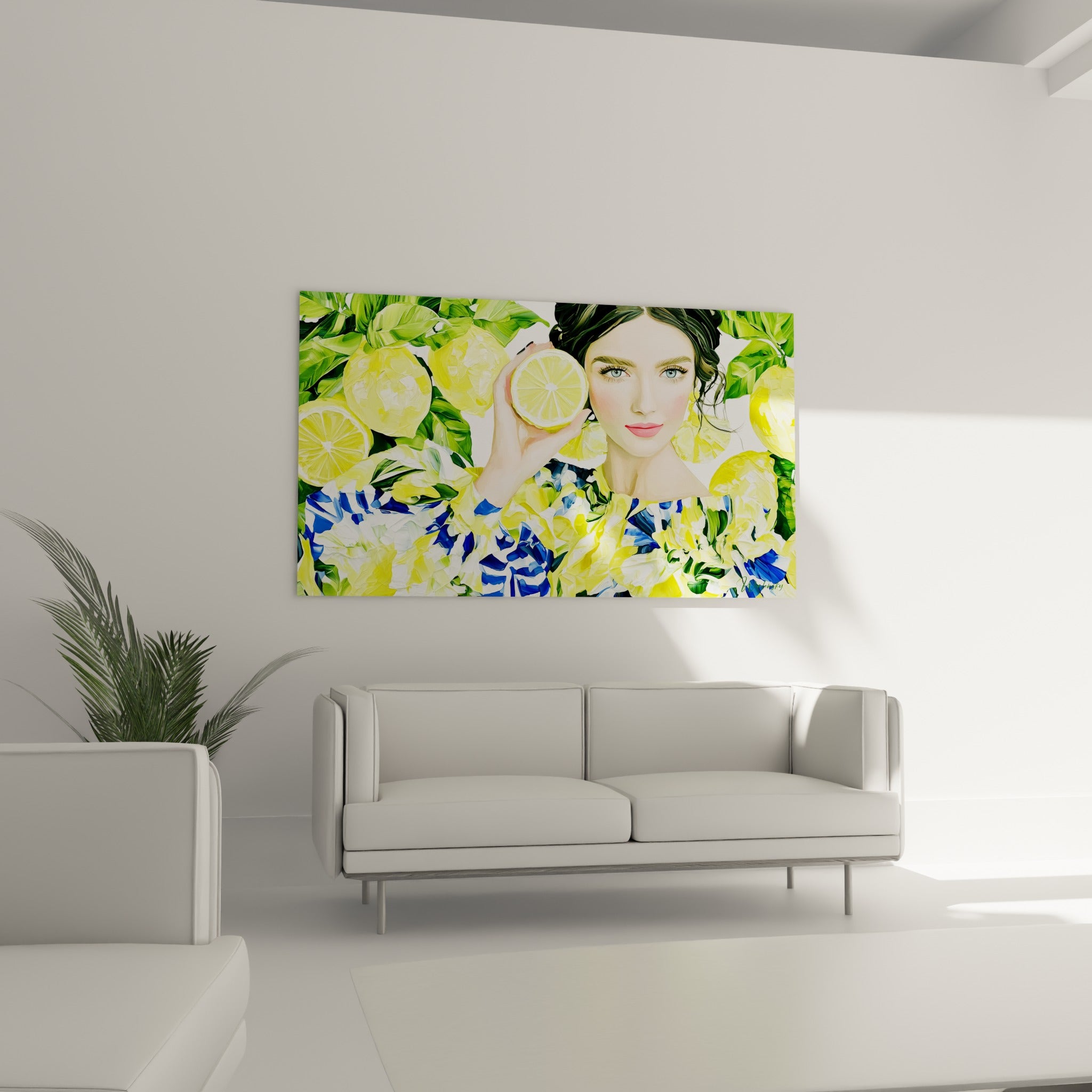Visage entouré de citrons jaunes et feuillage vert, accroché au-dessus d'un canapé dans un salon lumineux