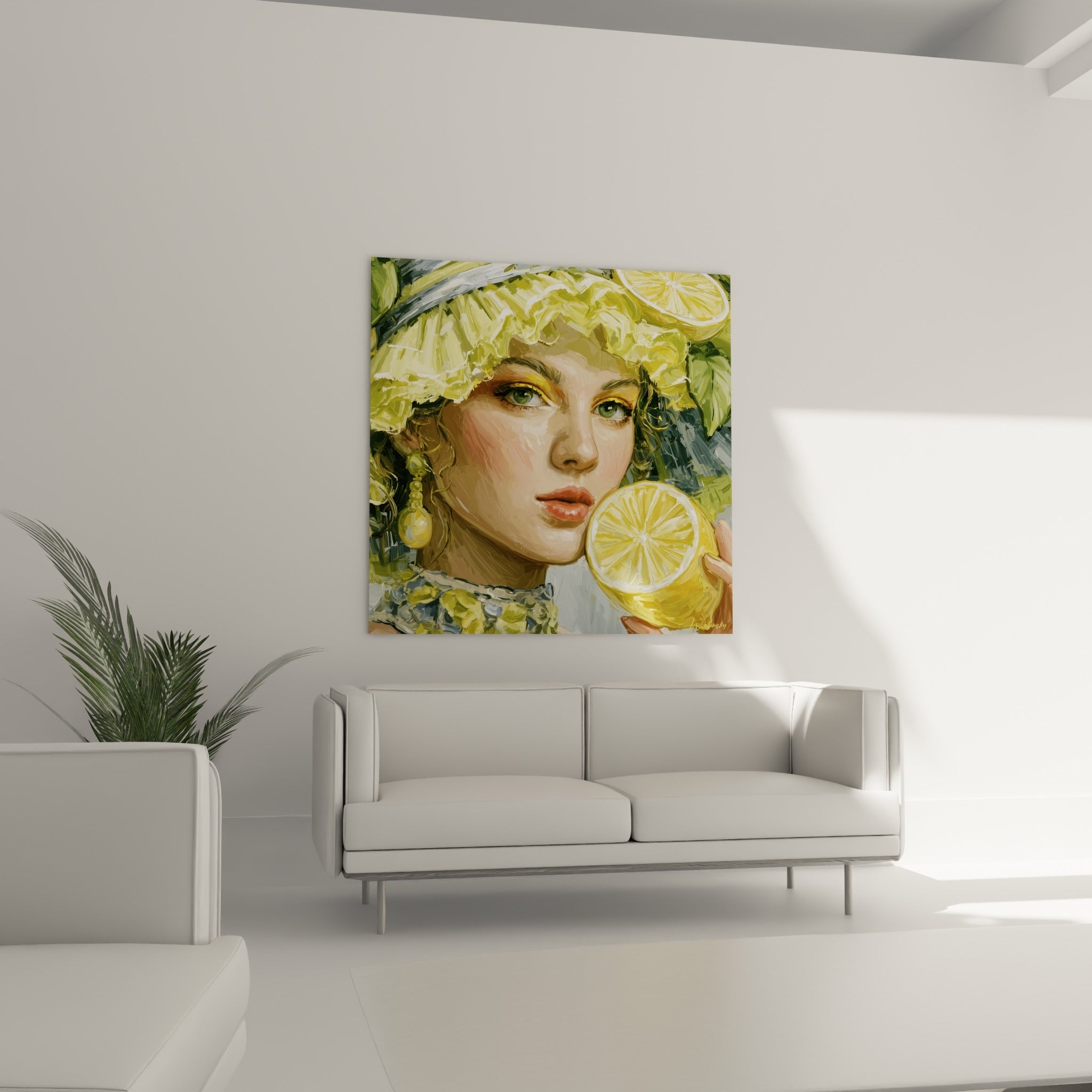 Visage féminin aux teintes vert et jaune tenant un citron, au-dessus d'un canapé dans un salon lumineux