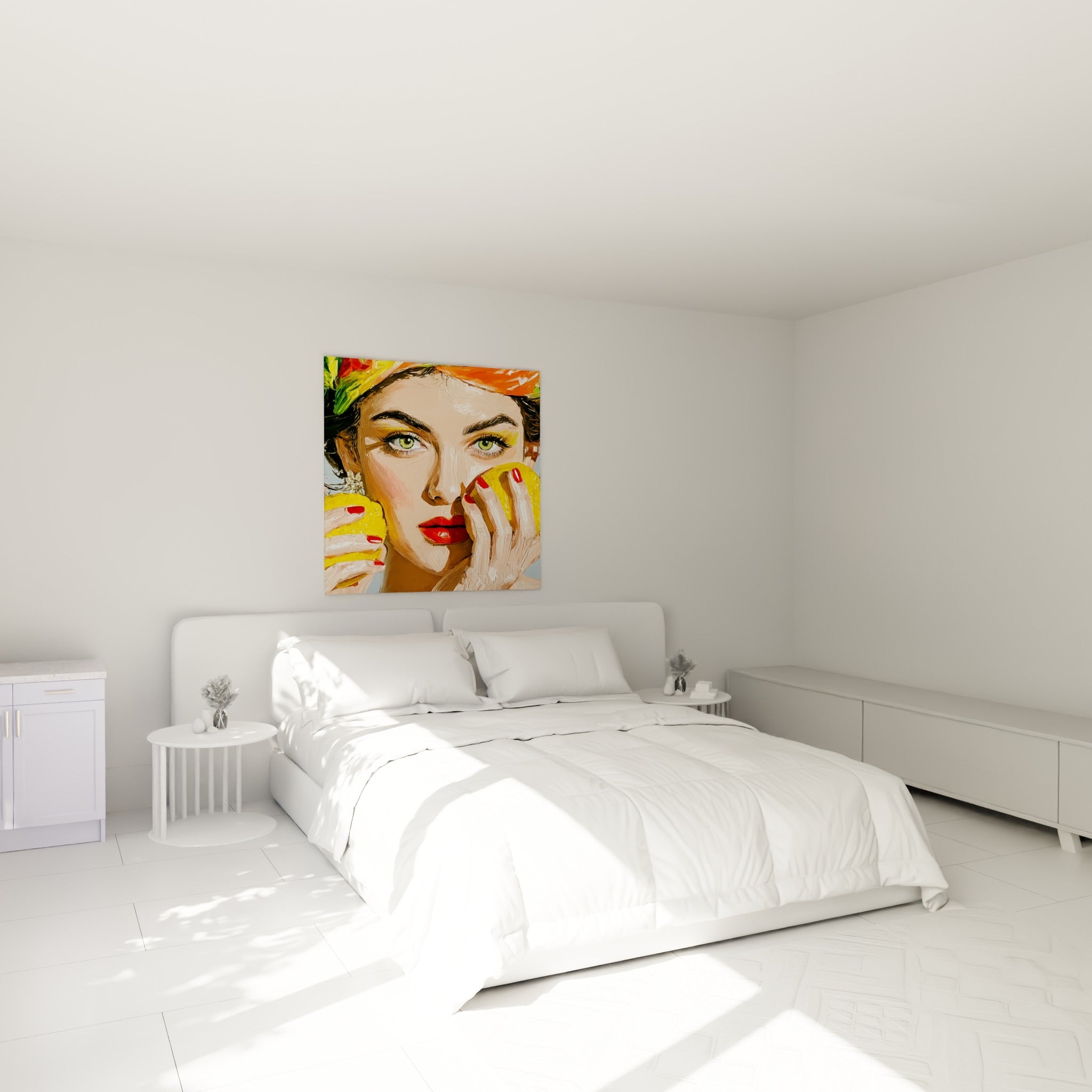 Femme au foulard orangé et citrons dorés accrochée au-dessus d'un lit dans une chambre claire