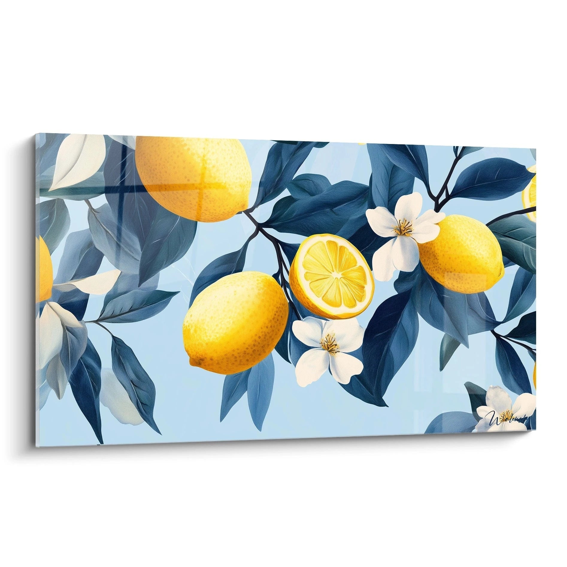 Un tableau citronnier nature représentant des citrons jaunes lumineux sur des branches aux feuilles bleu foncé, avec des fleurs blanches et un fond bleu clair. Les textures sont lisses et détaillées.