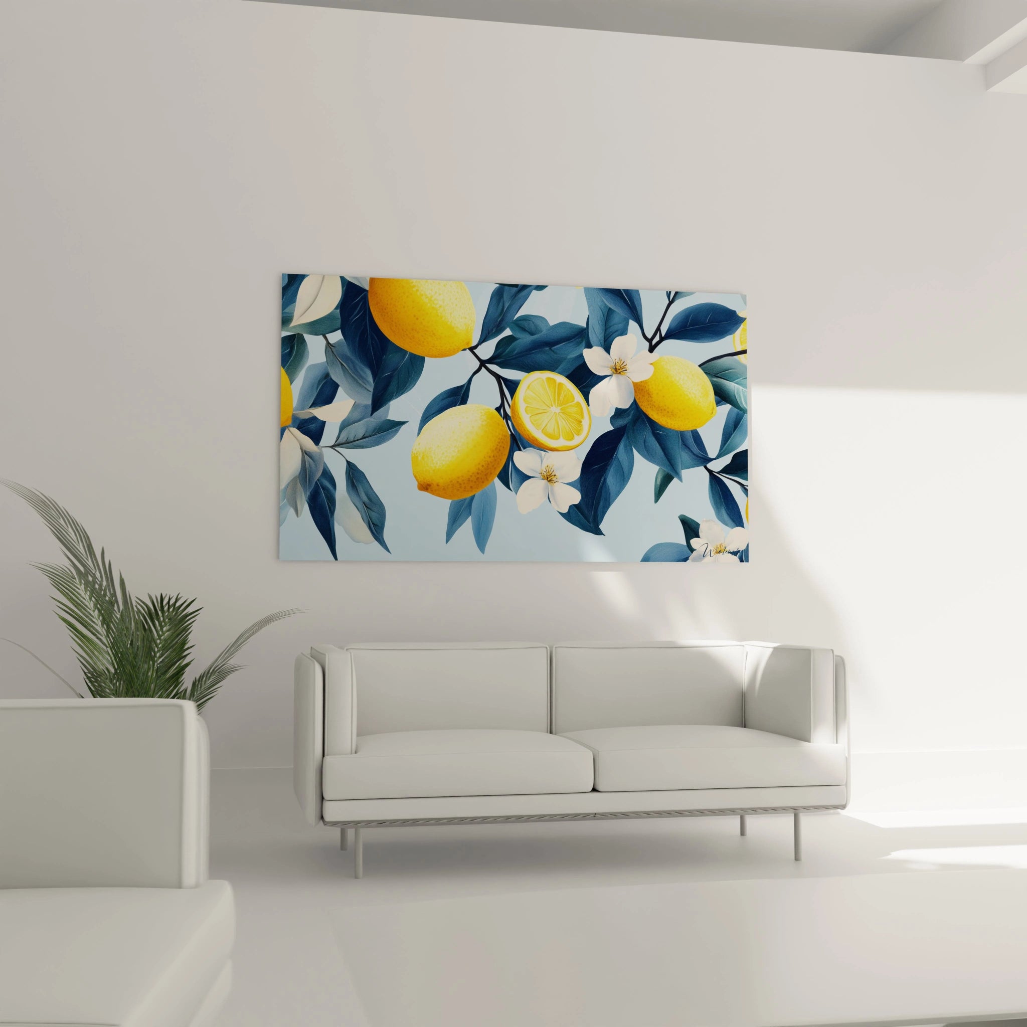 Un tableau citronnier nature montrant des fruits jaunes vifs, des fleurs blanches et un feuillage en nuances de bleu. Les détails des citrons et des feuilles sont accentués par des ombres et des reflets.