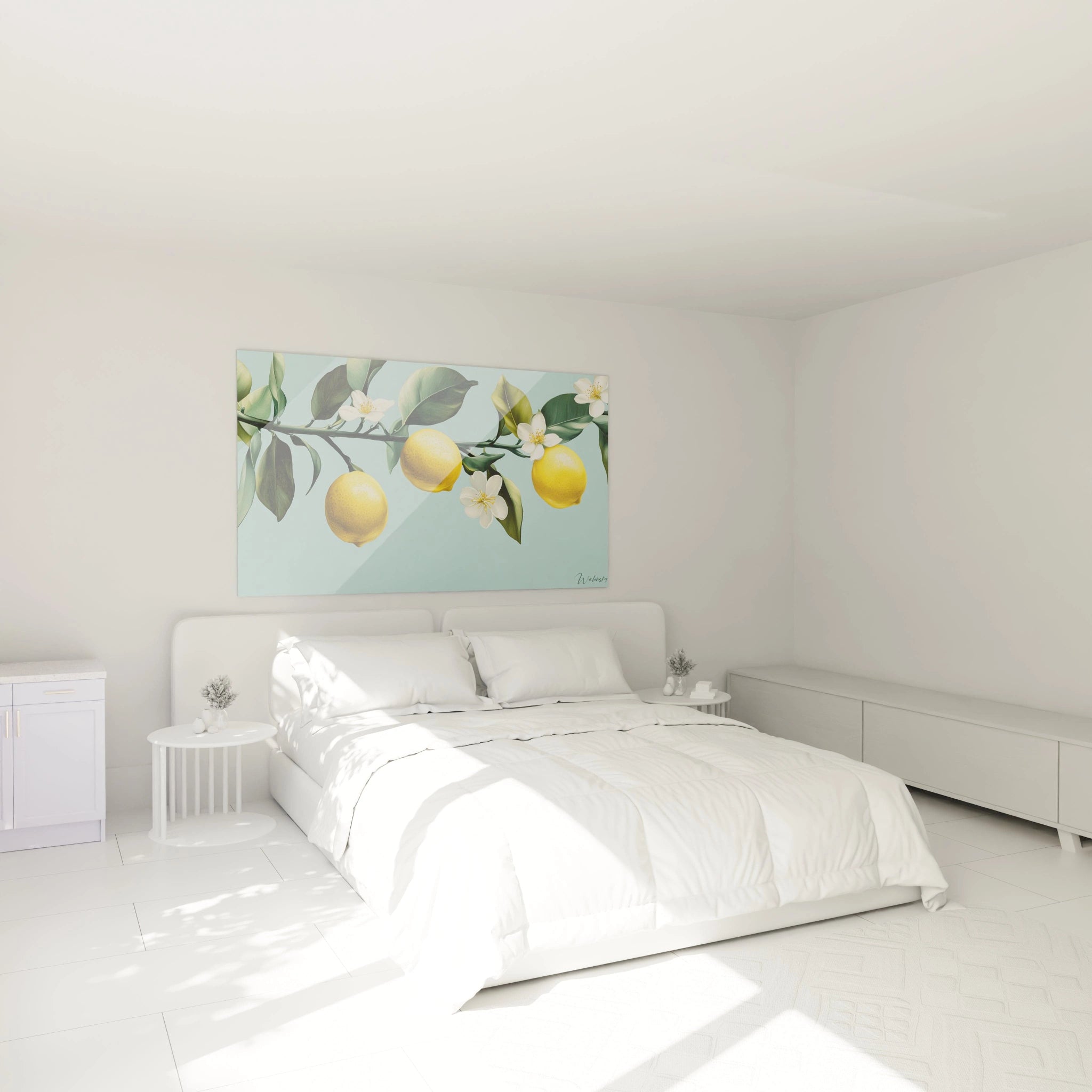 Un tableau citronnier nature montrant des citrons suspendus à une branche, accompagnés de feuilles et de fleurs blanches, avec un effet de lumiÚre doux et un arriÚre-plan bleu pastel uniforme.