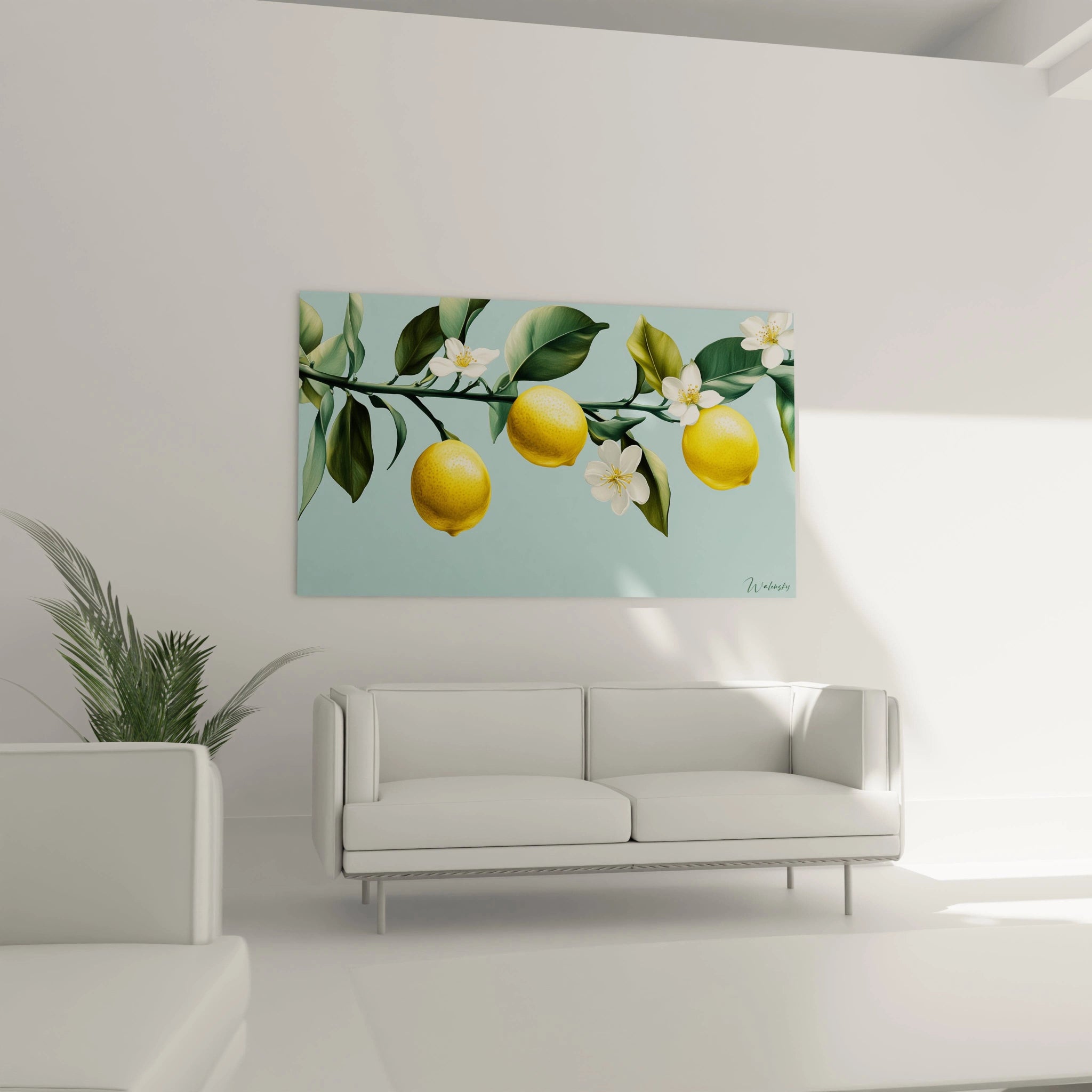 Un tableau citronnier nature mettant en scÚne un citronnier en gros plan, avec des fruits jaunes lumineux, des feuilles détaillées et des pétales blancs, sur un fond épuré aux nuances de bleu.