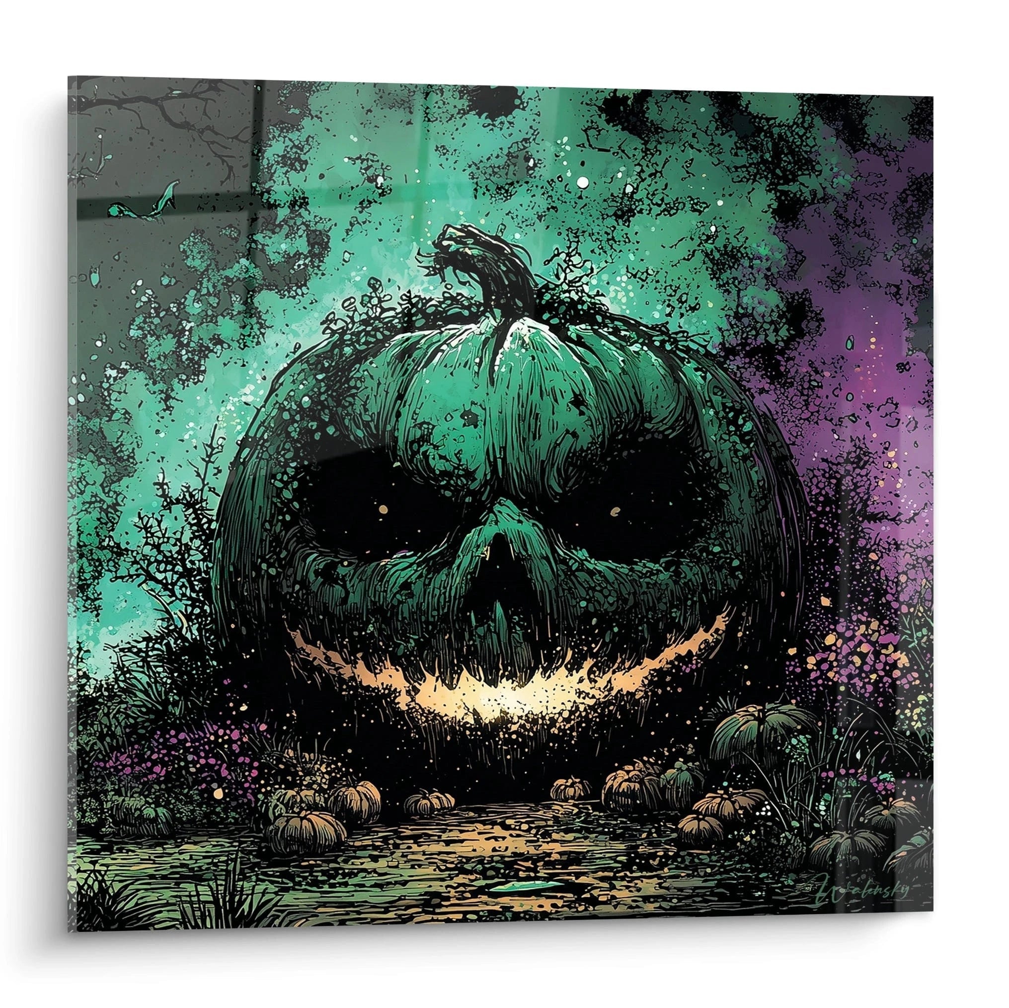 Tableau mural Walensky representant une citrouille sinistre verte et violette tableau citrouille halloween pour decoration