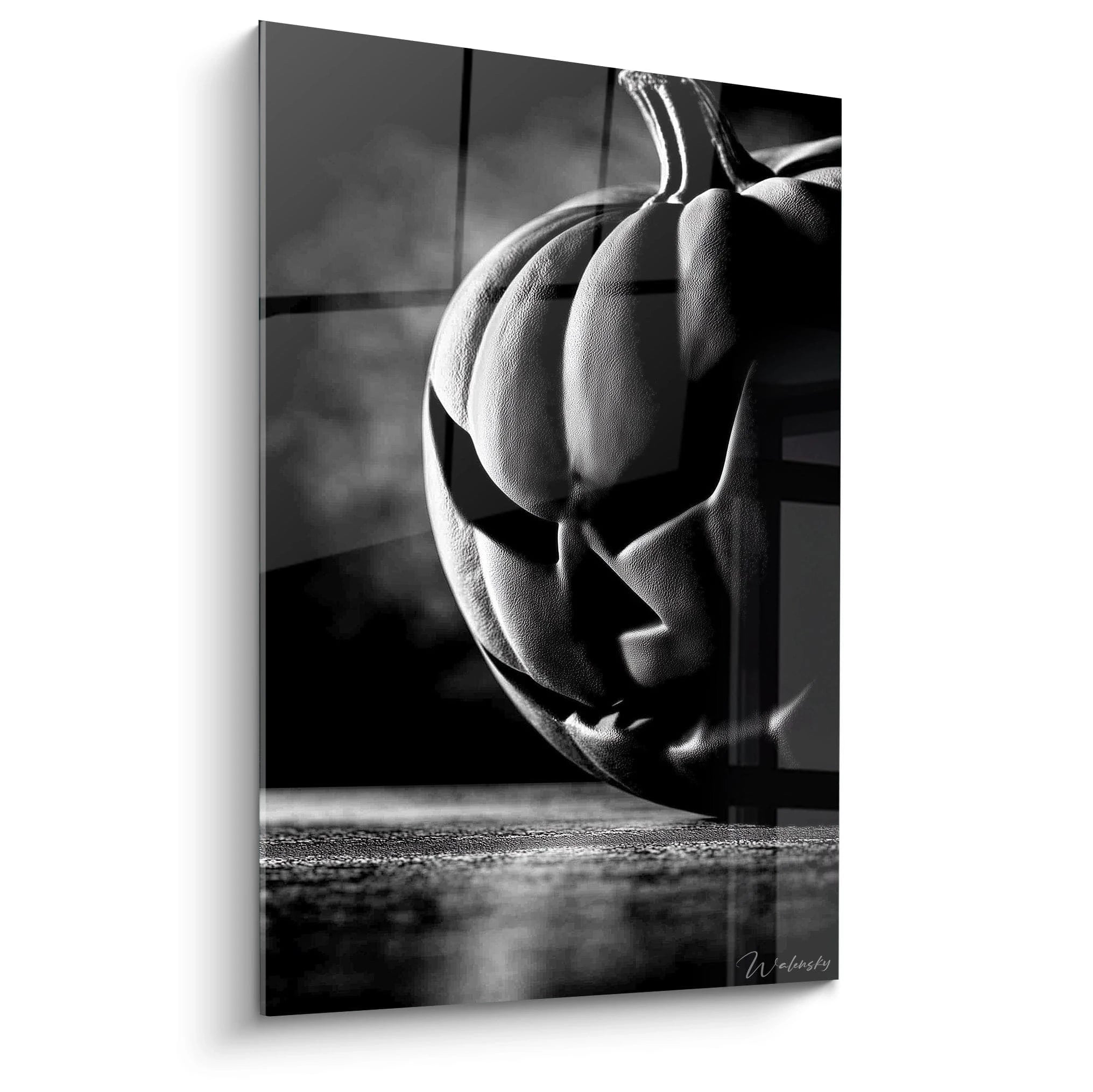 Walensky tableau halloween citrouille mural noir et blanc gros plan citrouille sculptee avec fumee et ombres