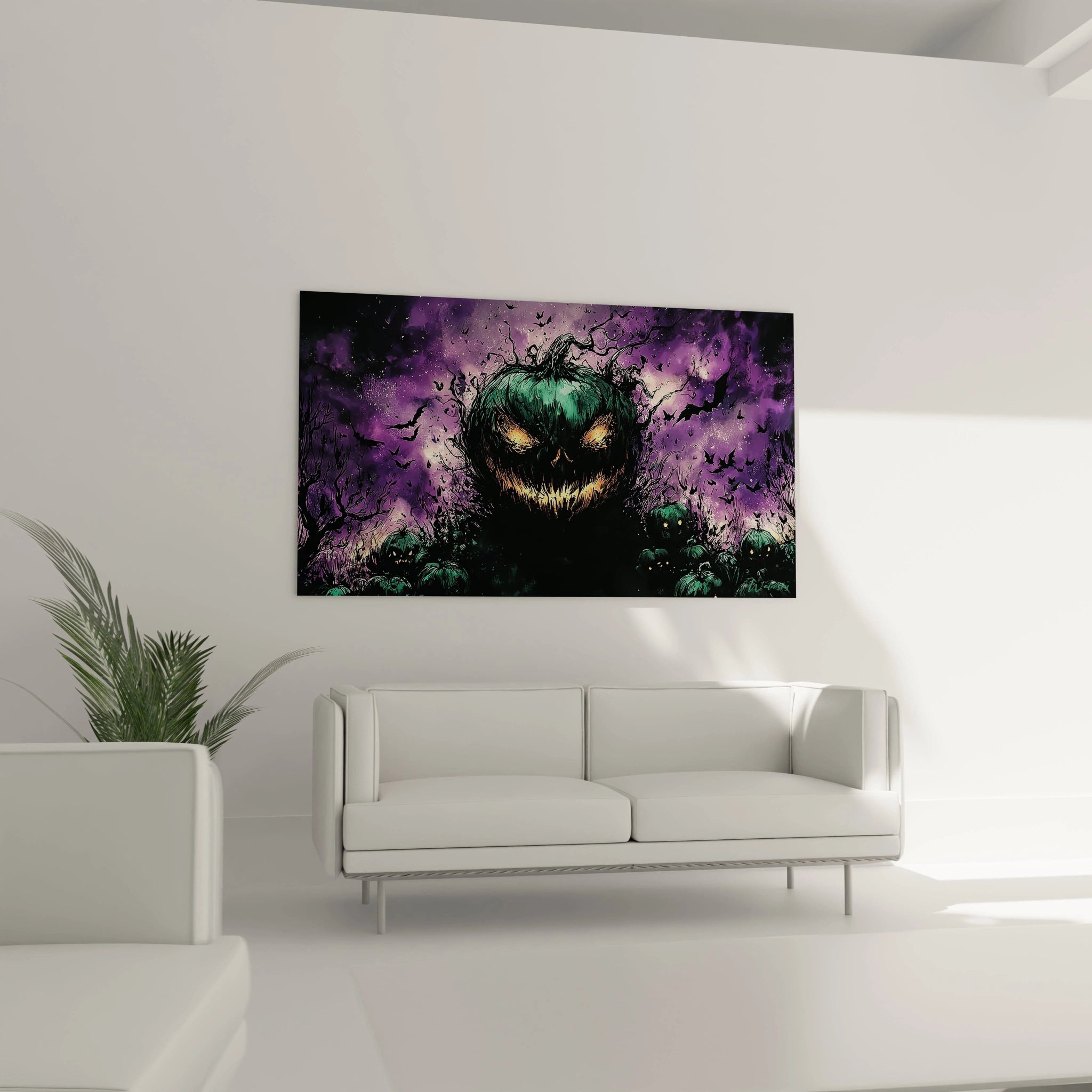 Walensky tableau citrouille halloween décoration murale montrant une citrouille verte malefique sur fond violet