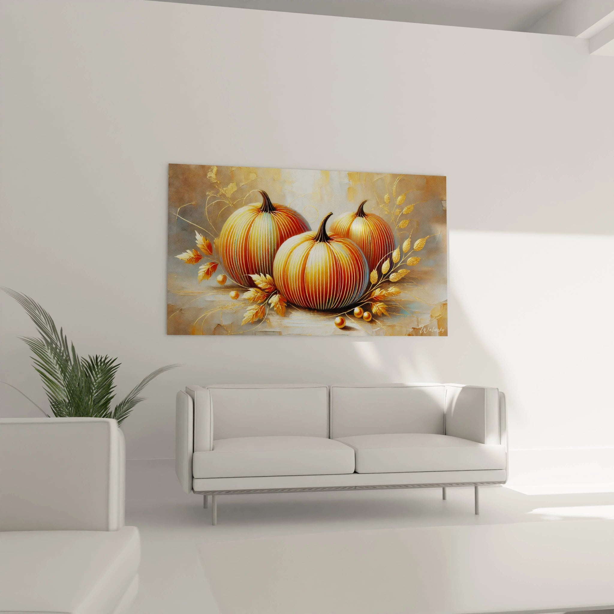 Tableau Automne au-dessus d’un canapé, illumine le salon avec ses teintes chaudes d’orange et d’or. Un choix parfait pour créer une ambiance conviviale et accueillante dans votre intérieur.