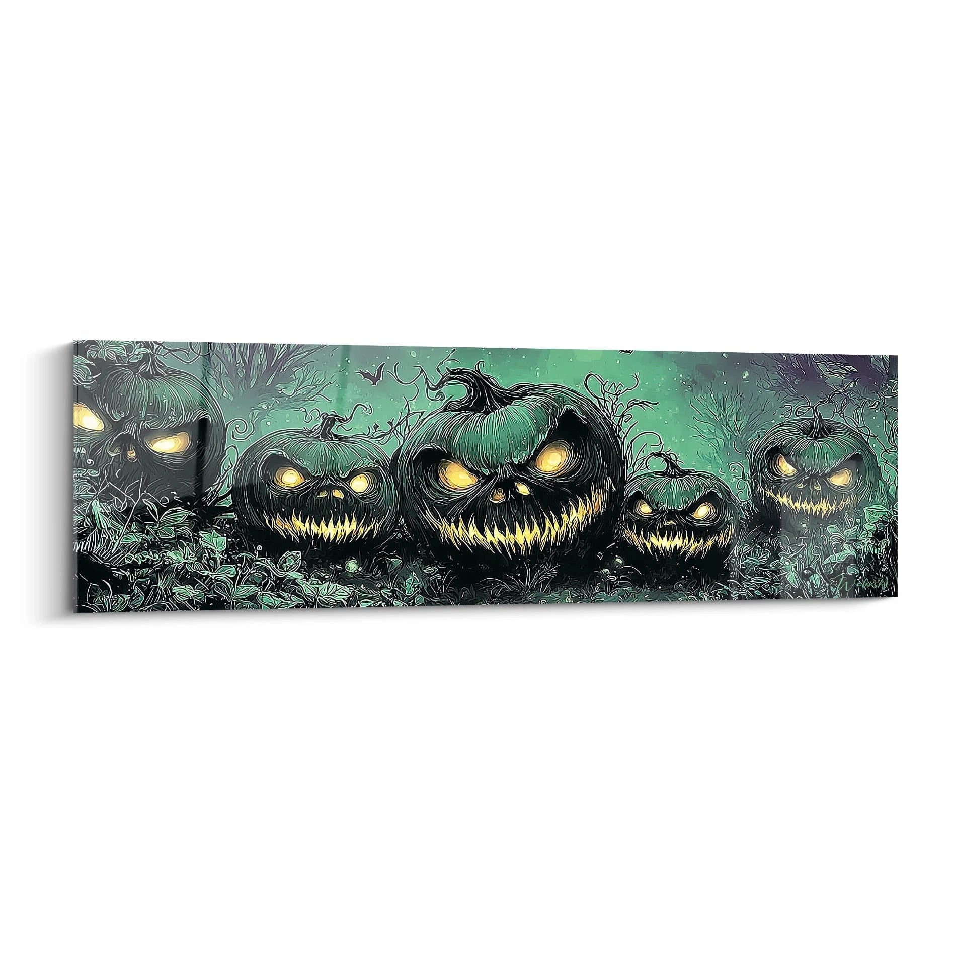 Walensky tableau citrouille halloween mural panoramique montrant citrouilles maléfiques aux yeux lumineux verts et textures sombres