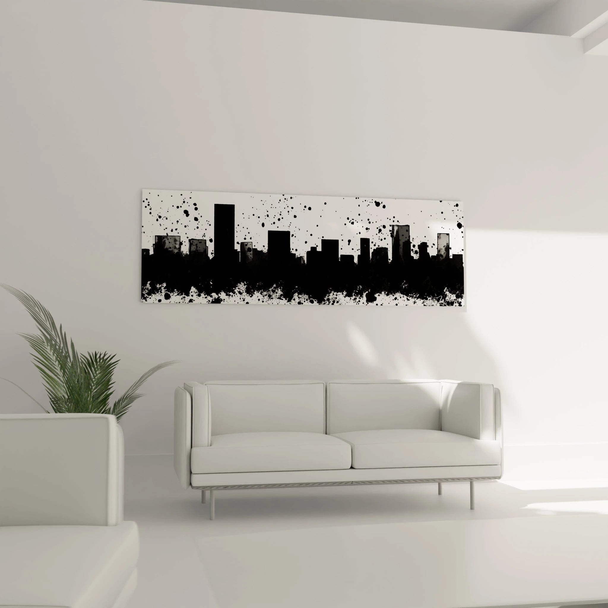 Tableau tacheté noir et blanc de Walensky représentant une silhouette urbaine moderne