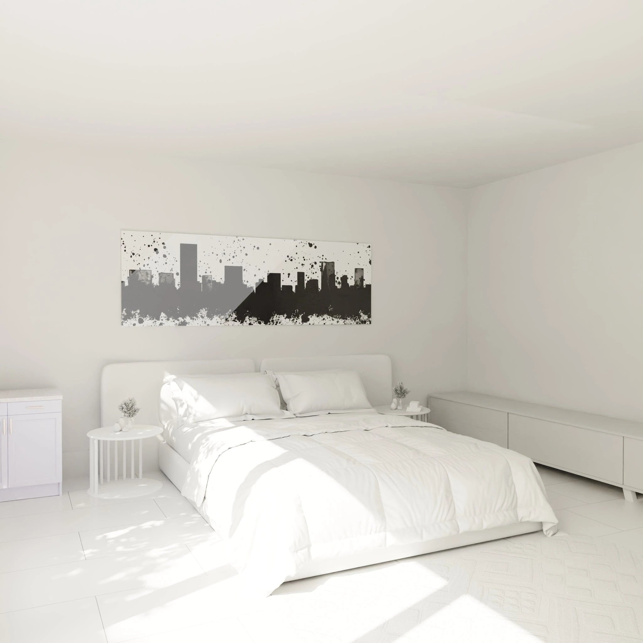 Tableau tacheté noir et blanc Walensky représentant une ville moderne, parfait pour la décoration de chambre