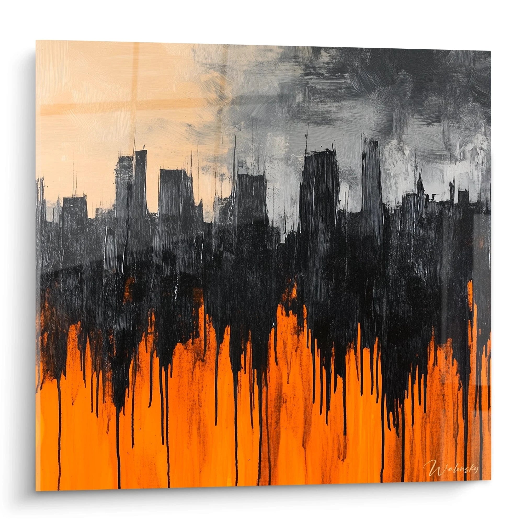 Tableau New York moderne Walensky avec silhouette de ville noire et orange vibrant sur fond gris