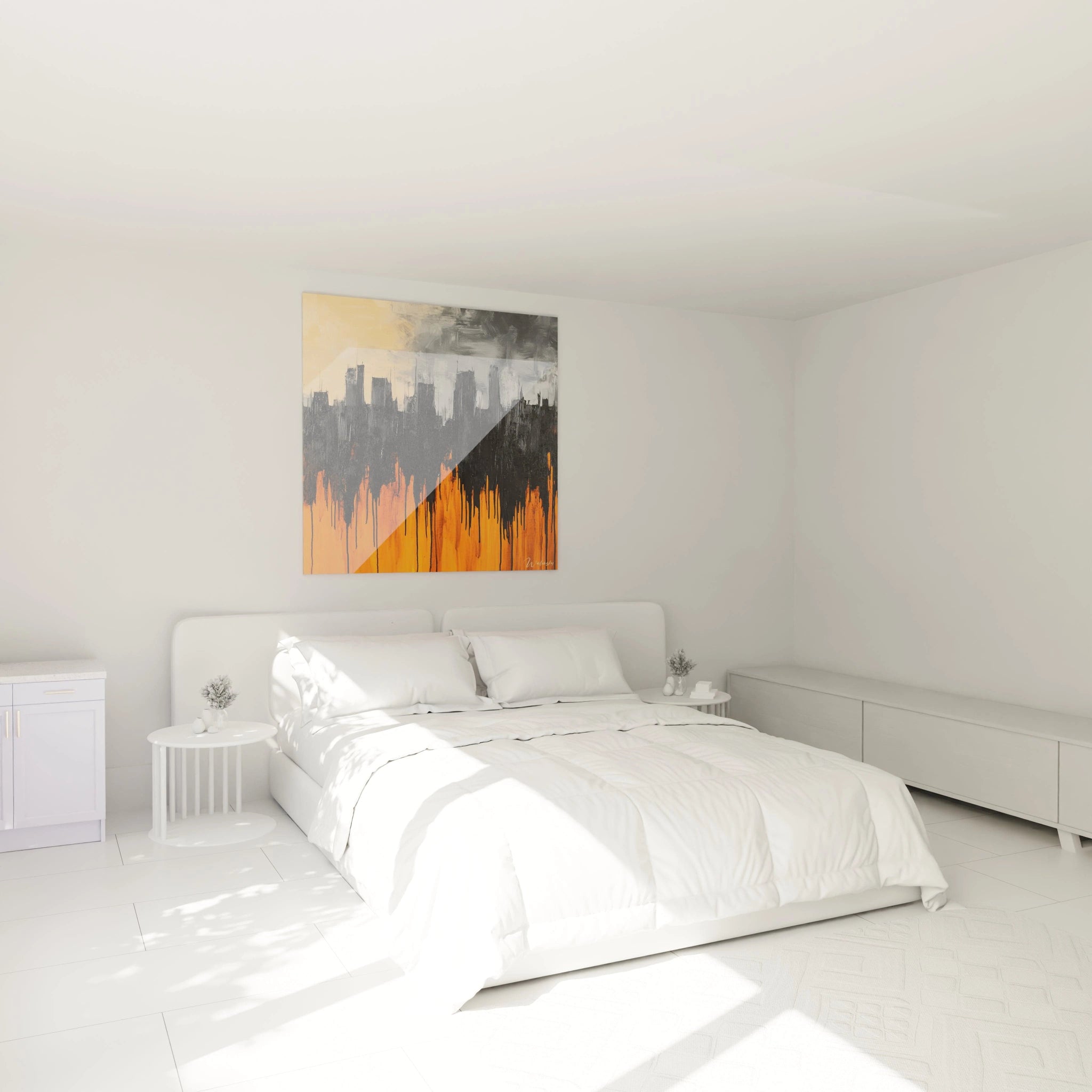 Tableau New York avec silhouette de gratte-ciels en noir et orange accroché dans une chambre moderne blanche
