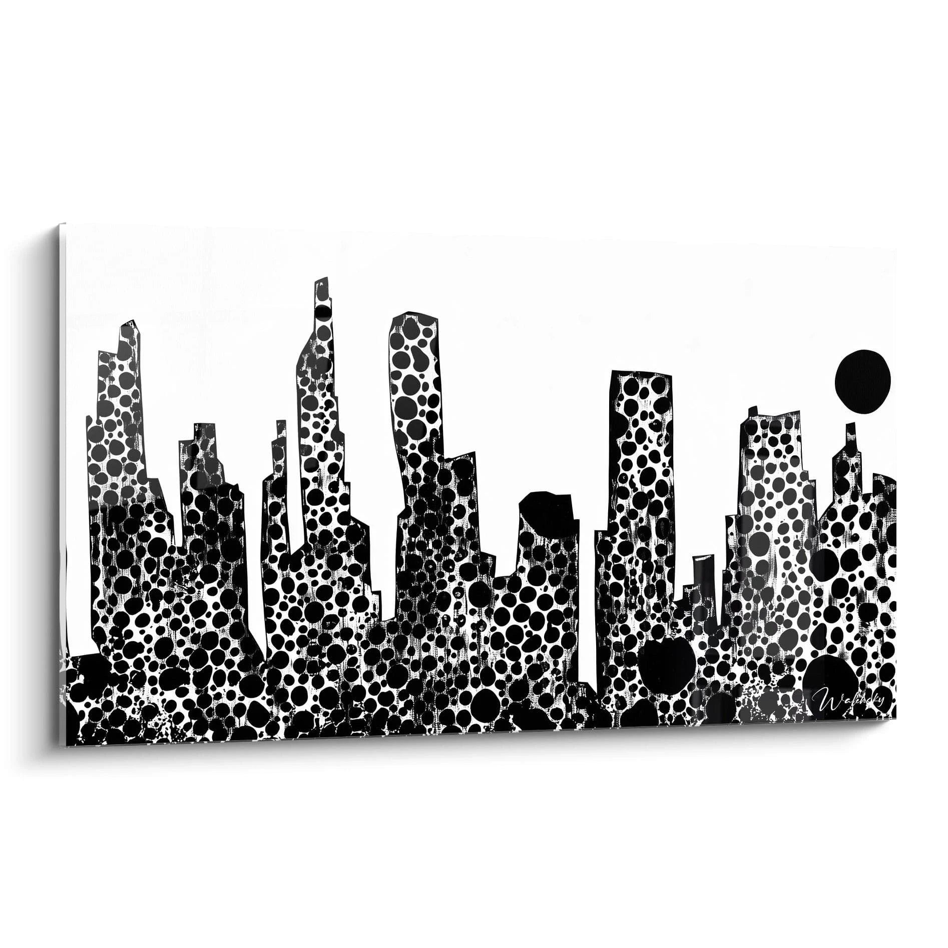 Tableau tacheté noir et blanc de Walensky représentant une skyline moderne avec des motifs abstraits