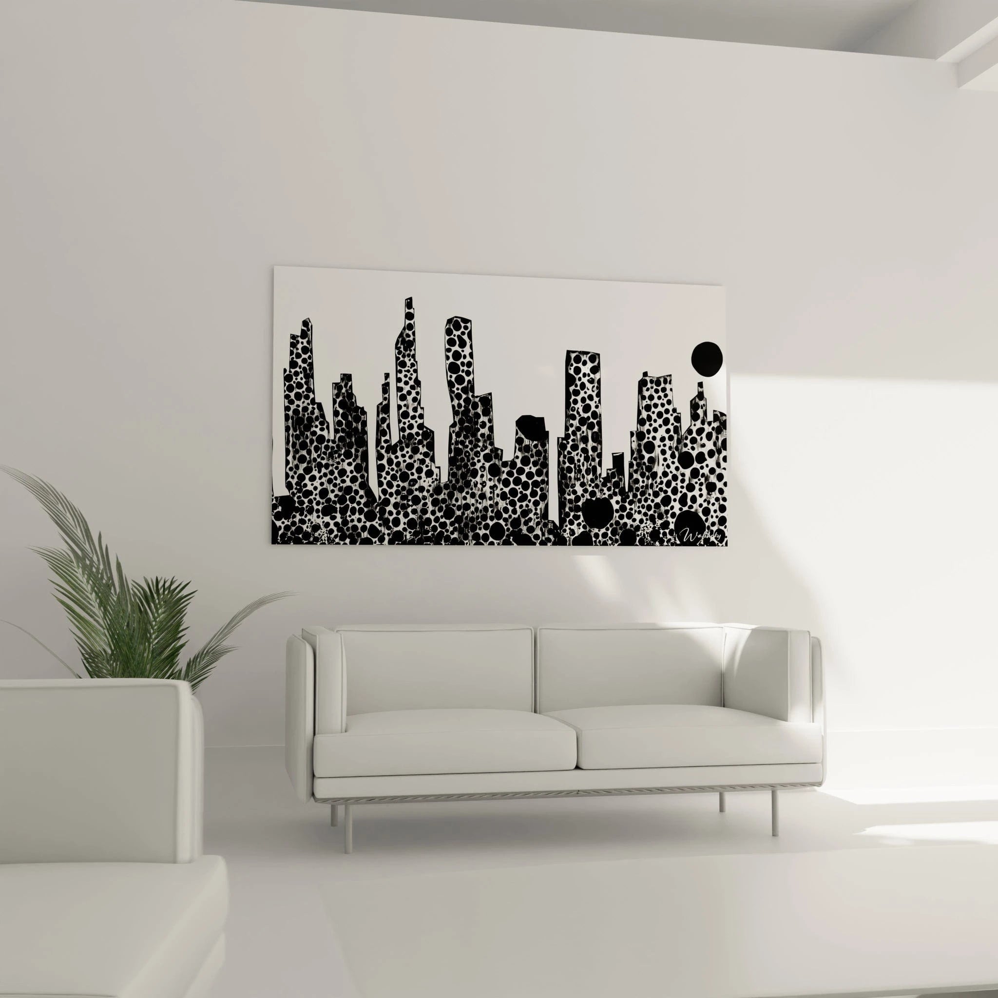 Tableau tacheté noir et blanc de Walensky représentant une ville contemporaine sur un mur moderne