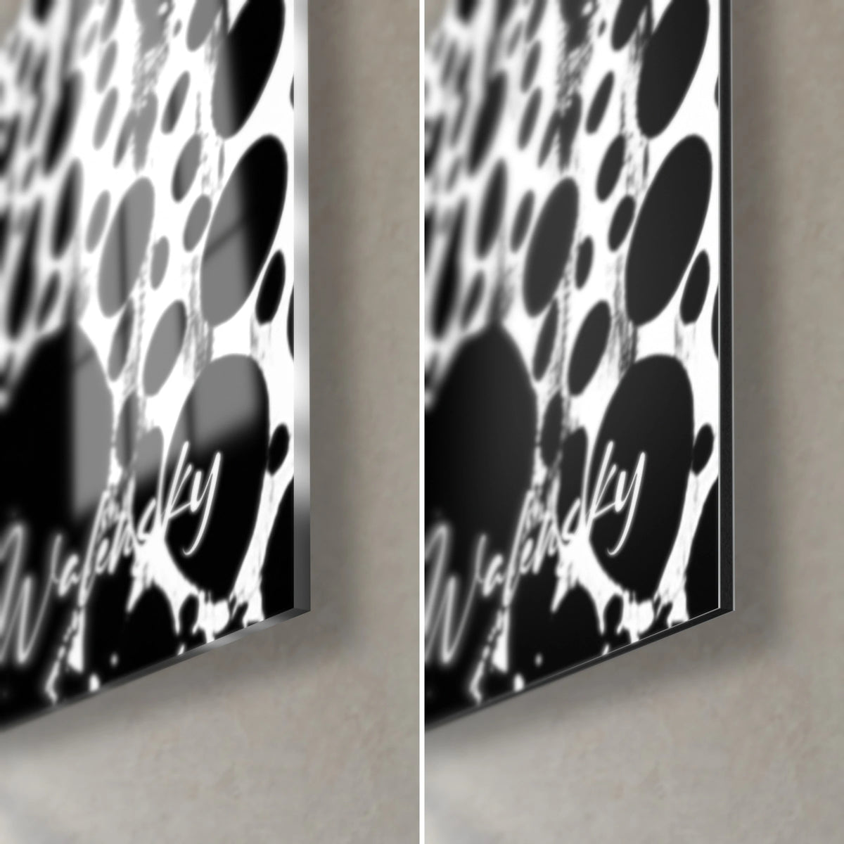 Schilderij stedelijke silhouet van zwarte bellen op wit, rechter onderhoek, glanzend acrylglas dat weerkaatst en mat Dibond, rand van 3 mm