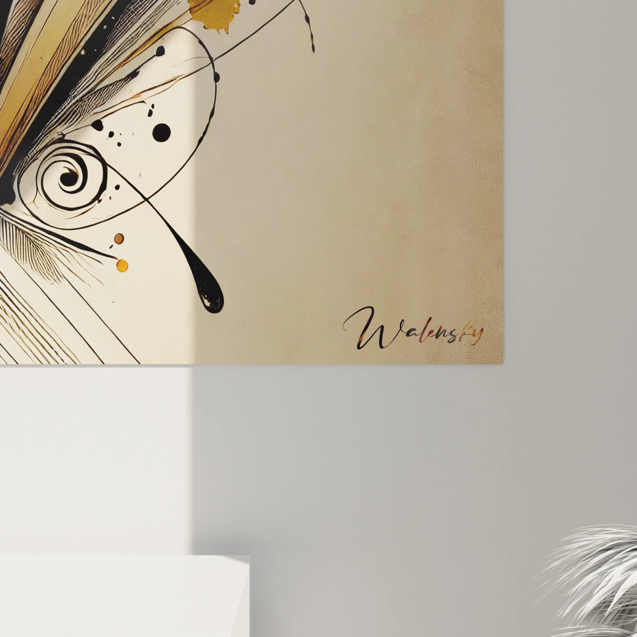 Focus sur la clarinette d’un tableau abstrait, avec des éclaboussures orange et des formes dynamiques exprimant la mélodie.