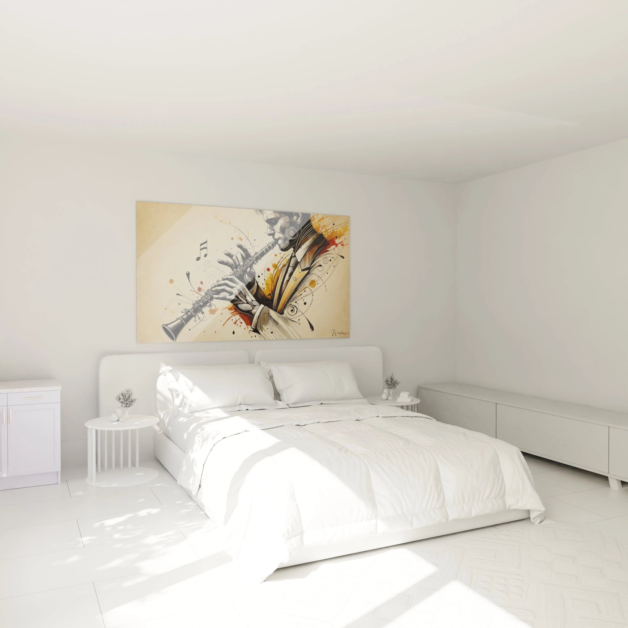 Un tableau musique abstrait installé dans une chambre élégante, placé au-dessus d’un lit pour une ambiance apaisante.