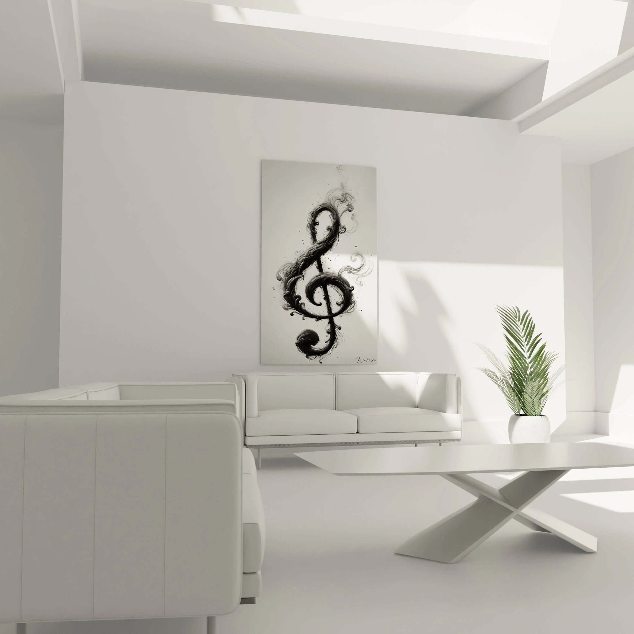 Tableau musique abstrait installé dans une chambre moderne, apportant une ambiance élégante et apaisante.