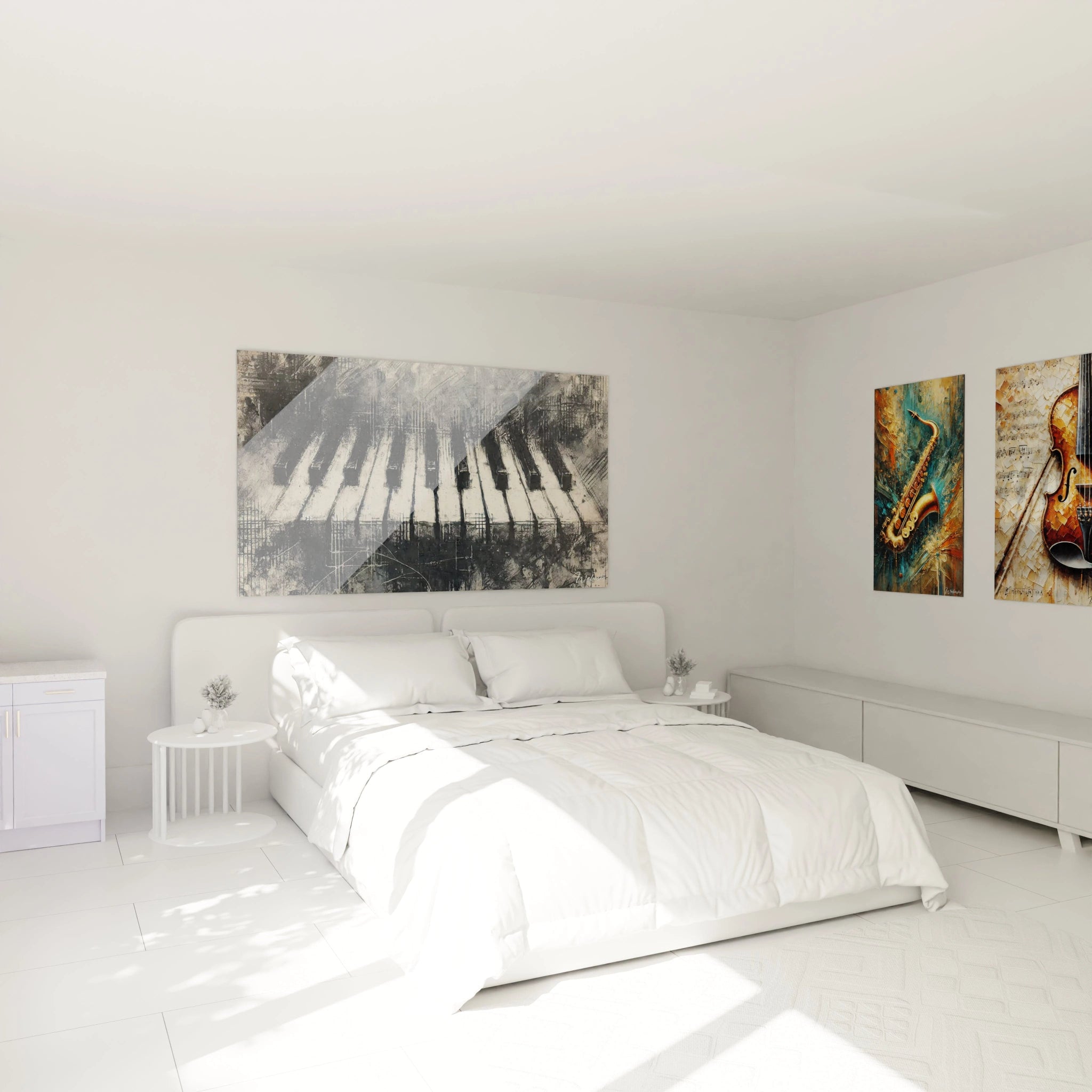 Tableau noir et blanc abstrait d'un piano accroché au mur d'une chambre. Les touches flottantes apportent une atmosphÚre mélancolique à l'espace.