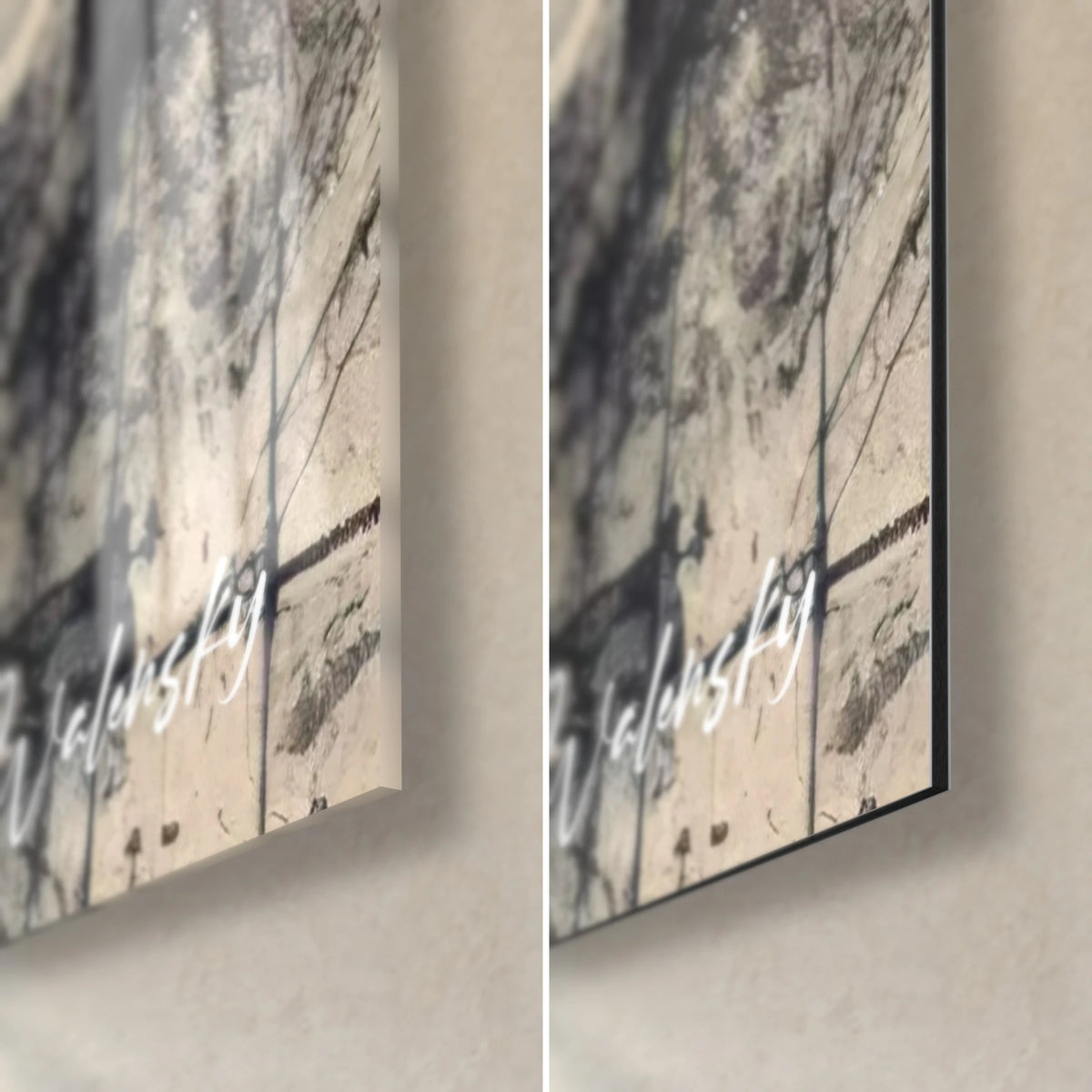 Tableau clavier ivoire et noir, coin bas droit : verre acrylique brillant à gauche, alu Dibond mat à droite, tranche de 3 mm