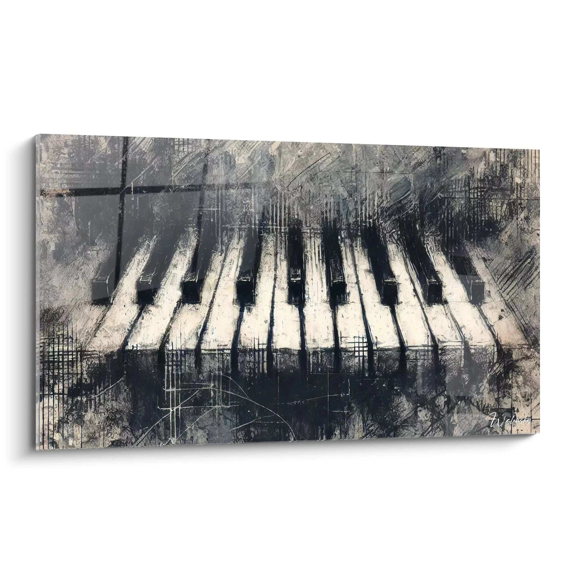 Tableau abstrait en noir et blanc représentant un clavier de piano, vu de biais. Les touches semblent s'effacer, créant un effet mystérieux et une texture complexe.