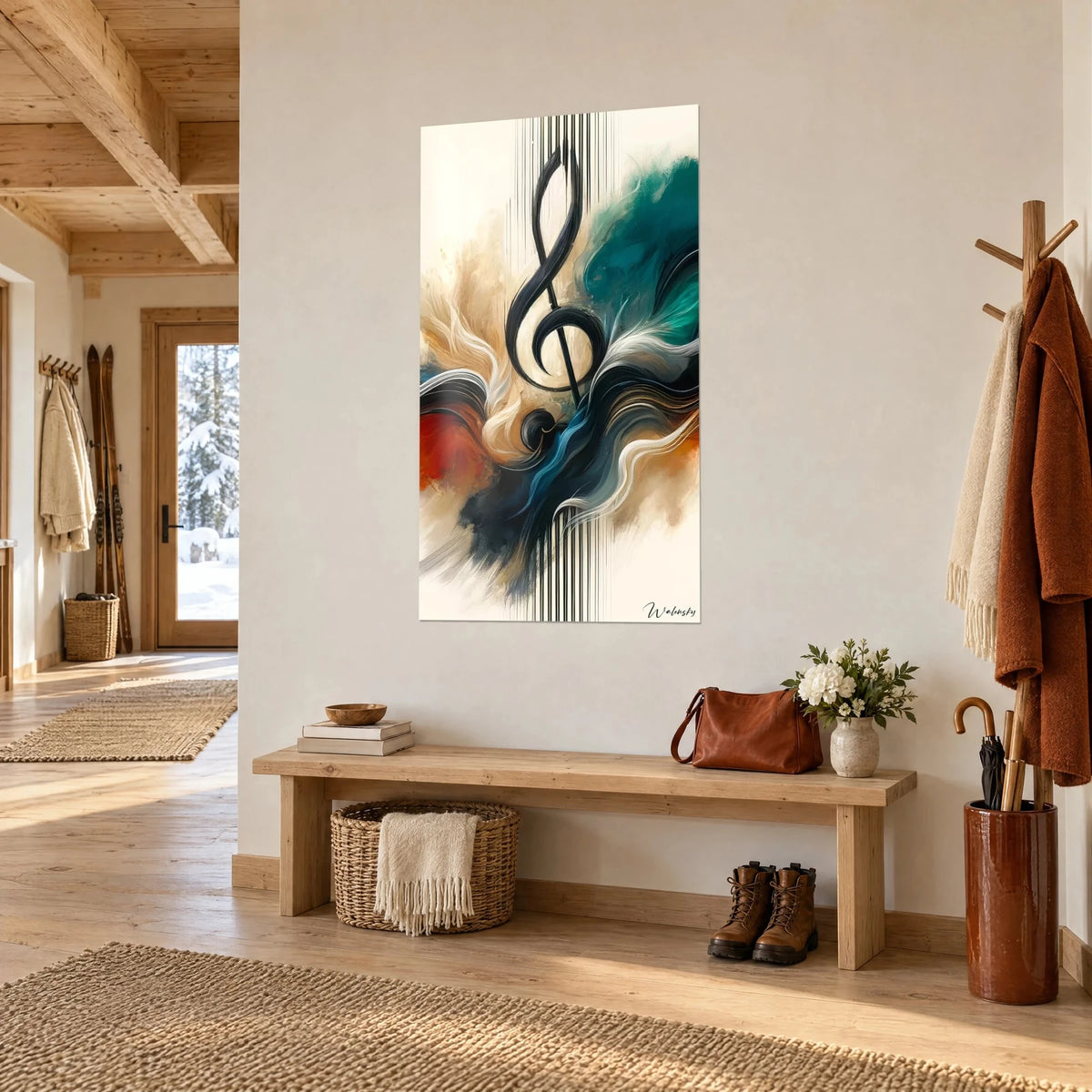 Quadro con nota musicale calligrafica in inchiostro nero intenso, volute turchesi e arancio bruciato, su una parete di chalet accanto a una panca di legno