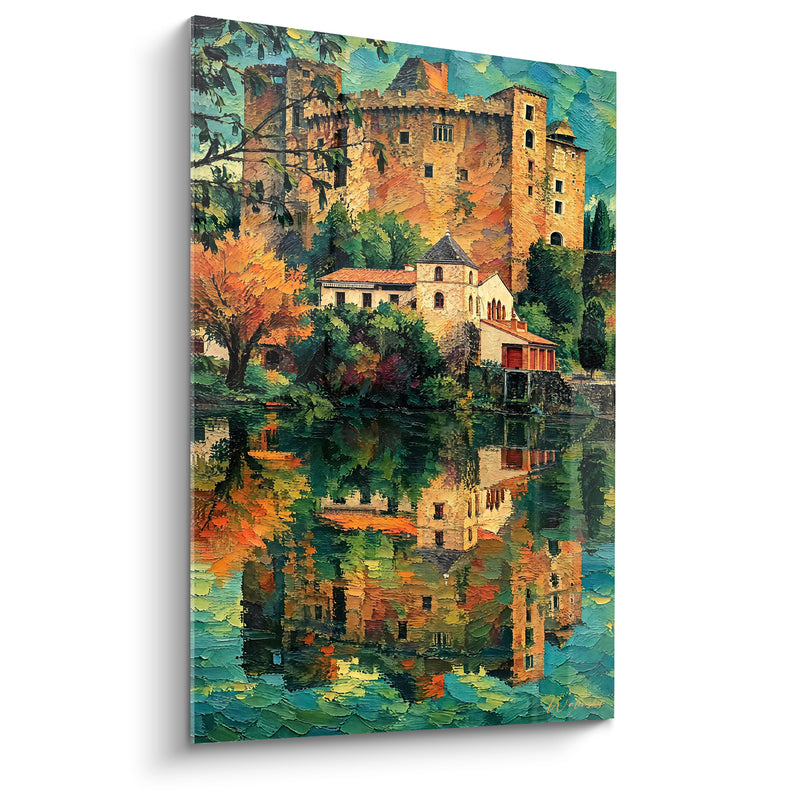 Tableau Château médiéval reflété sur étendue d'eau turquoise - Reflets d'un autre temps - Edition Clisson Pays de la Loire France