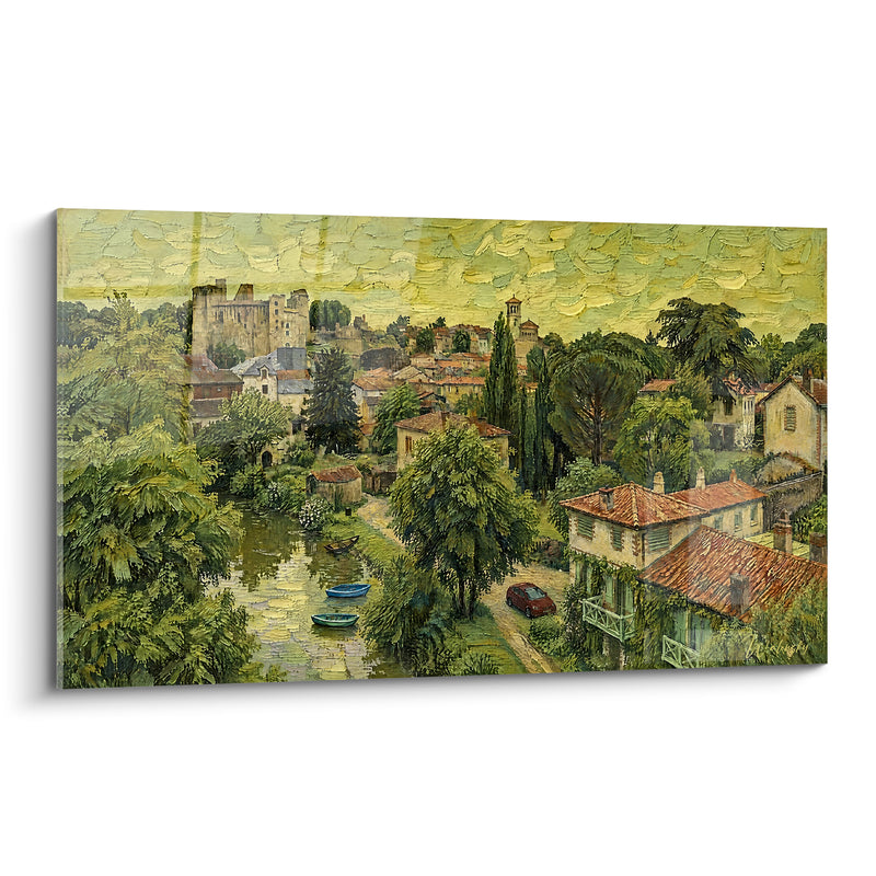 Tableau Château médiéval vert et ocre surplombant une rivière - Halte au fil de l'eau - Edition Clisson Pays de la Loire France
