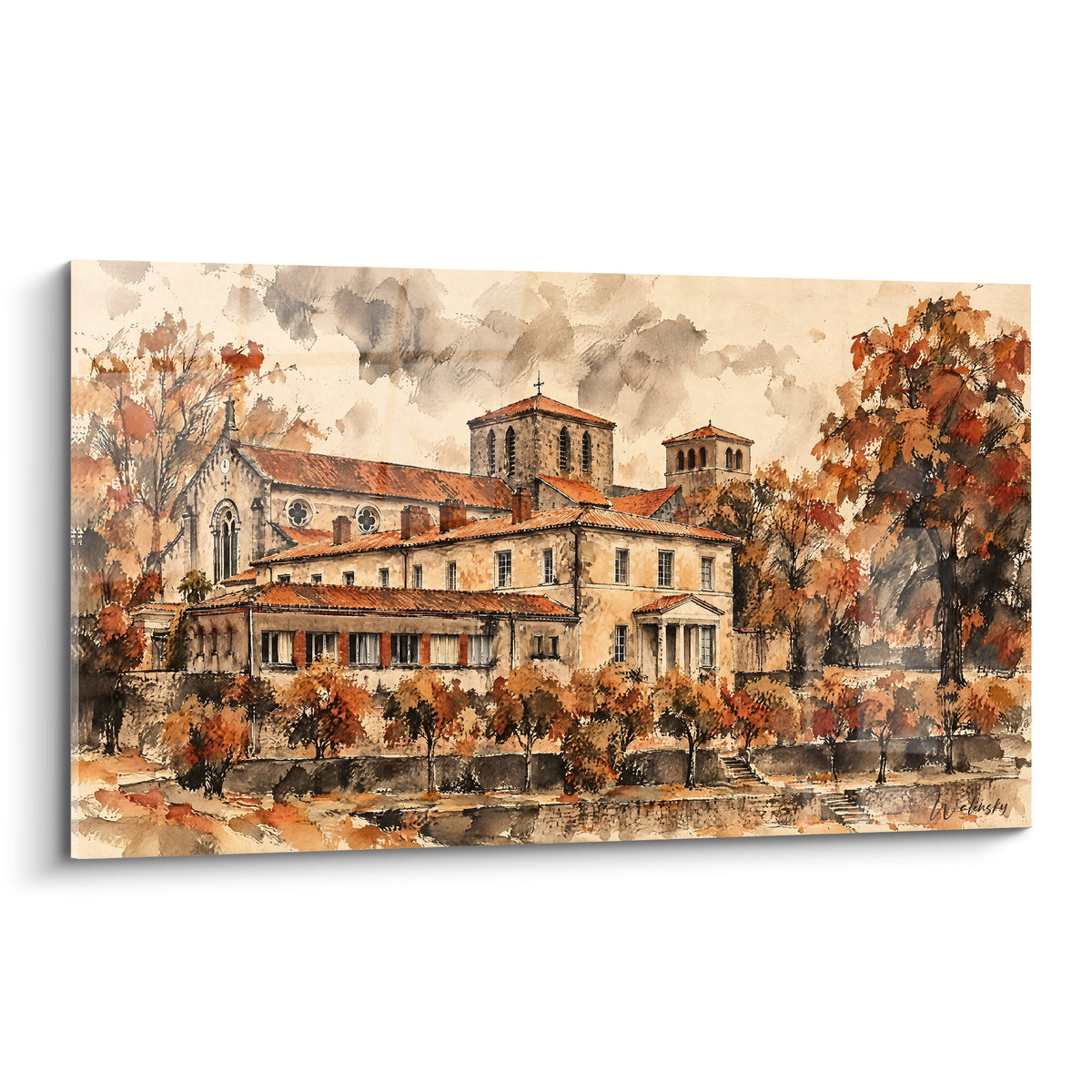 Tableau église romane ocre et terracotta entourée d'arbres roux, traitement aquarelle sur fond beige nuageux