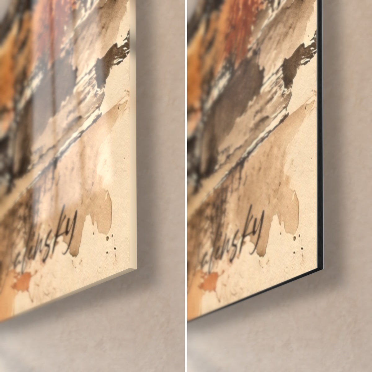 Tableau église romane en aquarelle ocre et roux, coin bas droit avec signature, verre brillant à gauche, Dibond mat à droite