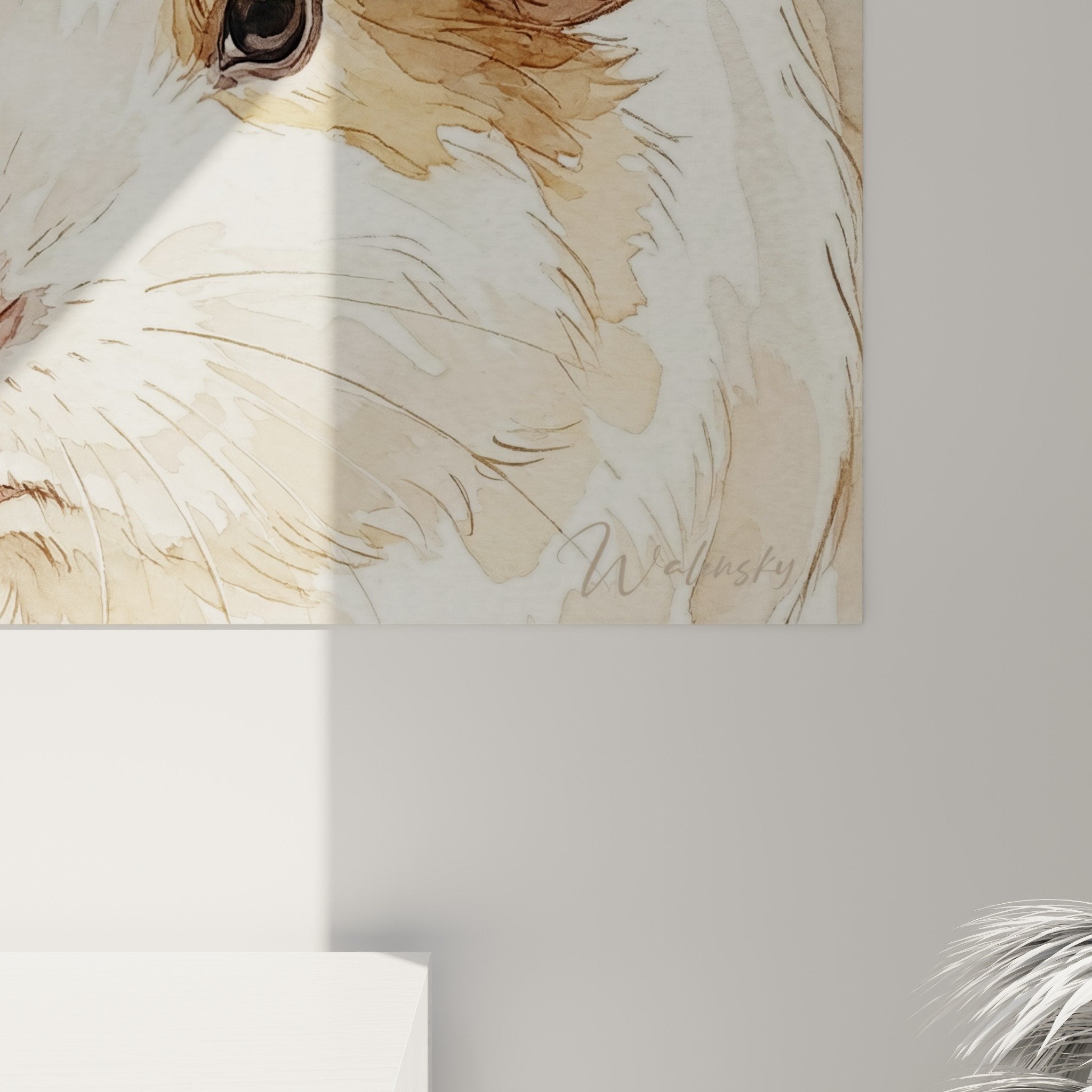 Inszenierung Duo-Meerschweinchen Kunstdruck in Honig-Tönen, natürlicher Einrichtungsstil, Hygge-Atmosphäre, warmes Raumambiente