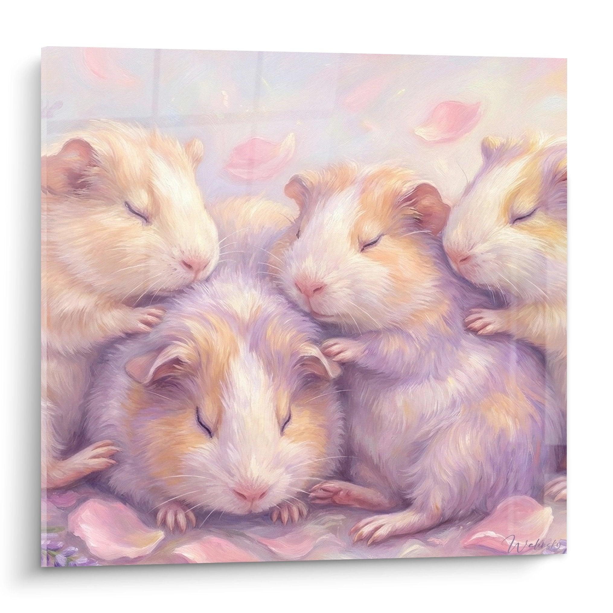 Gemälde vier schlafende Meerschweinchen rosa lila Töne harmonische Pastelldekoration Wandkunst