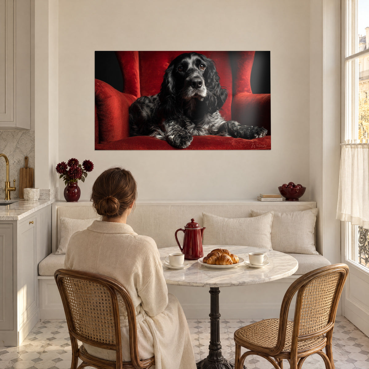 Cuadro de cocker de grandes ojos marrones, patas delanteras cruzadas sobre terciopelo escarlata, frente a un banco crema y una mesa de mármol